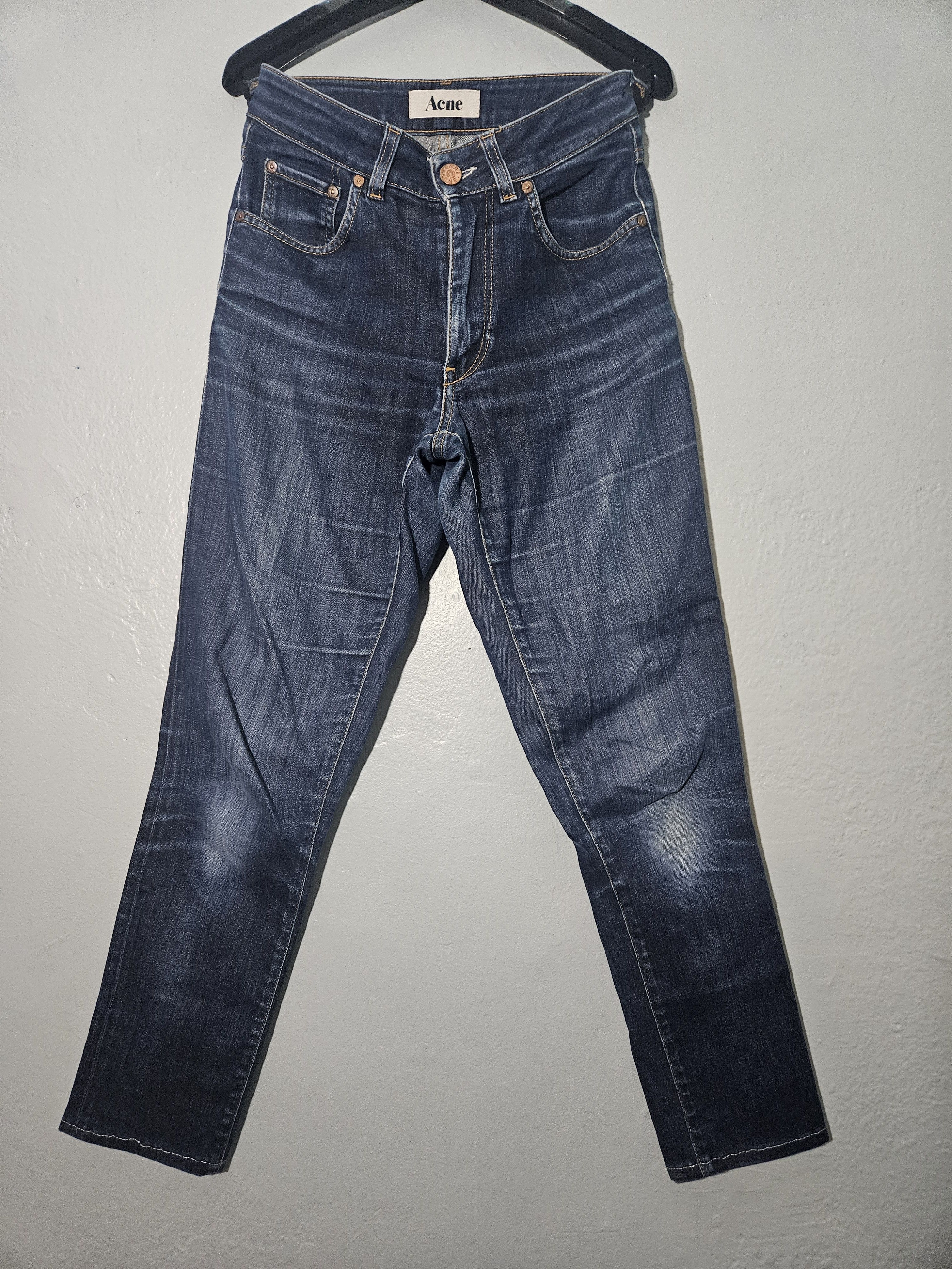 Acne Studios Dark Blue Leather Patch Vintage High Rise Denim Jeans Size 26" / US 2 / IT 38 - 4 Thumbnail