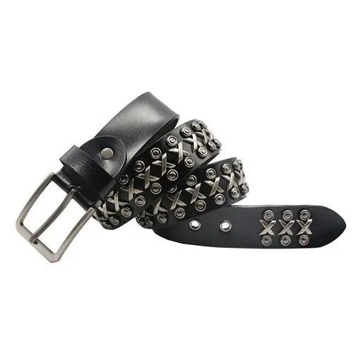 image of Metal Rivet Cowboy Belt Genuine Leather Cowskin in Black, Men's