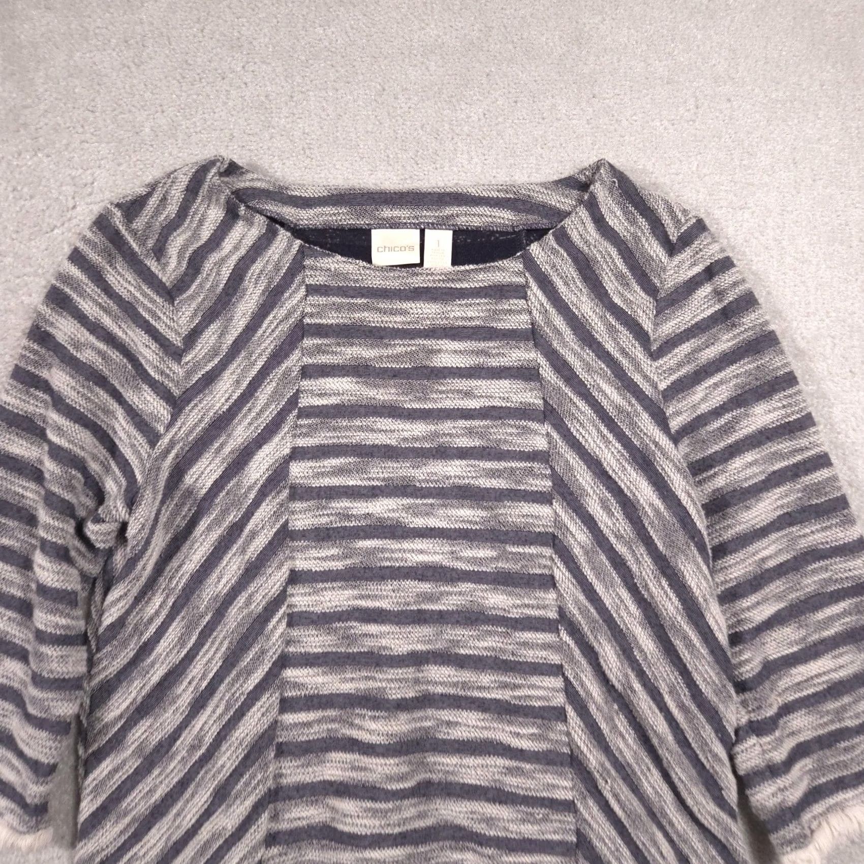 Vintage Chico's Sweater Womens Striped Knit 3/4 Sleeve Fringe Hem Crew Neck Pullover Gray White Medium? 1 Size XS / US 0-2 / IT 36-38 - 2 Thumbnail