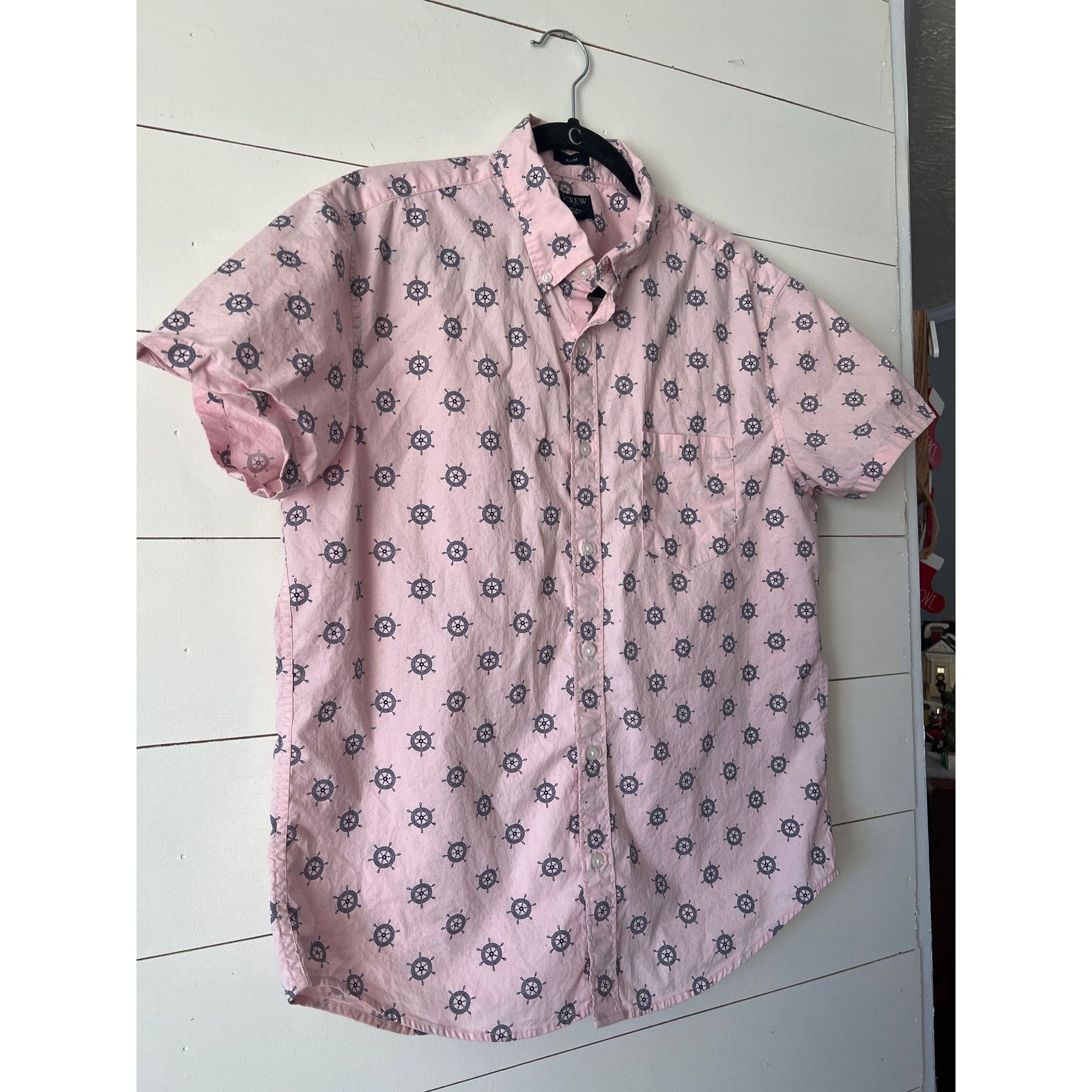 J.Crew JCrew Nautical Wheel Pink SS Button Up Flex Washed SLIM LRG Size US L / EU 52-54 / 3 - 5 Thumbnail