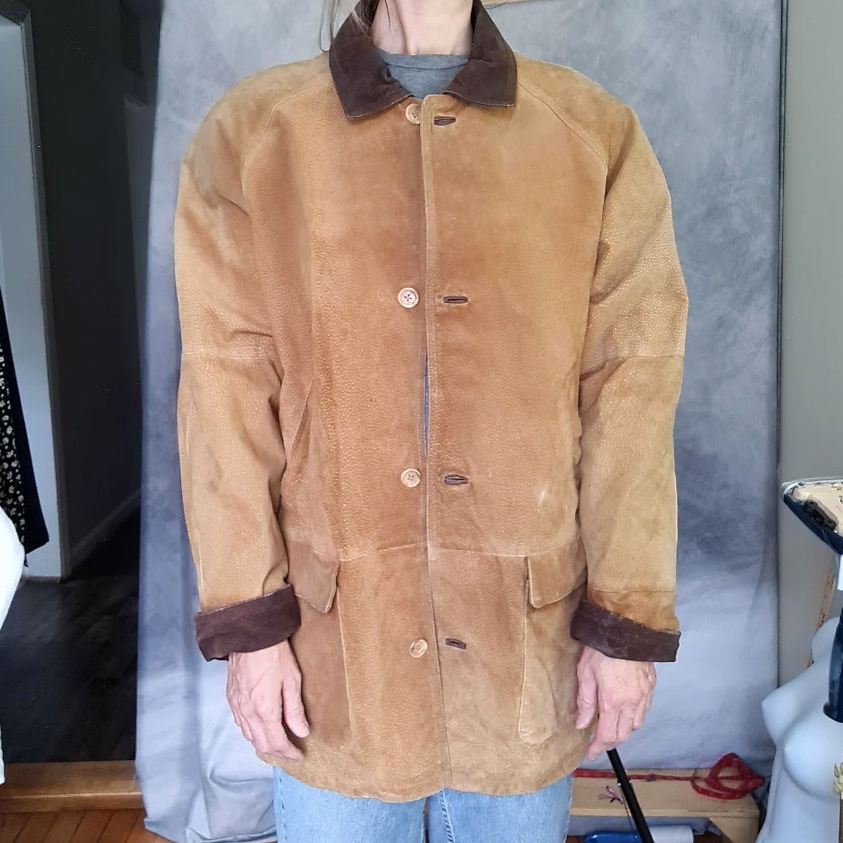 Talbots VINTAGE Talbots Coat Suede Leather Overcoat Women Medium Brown Corduroy Collar Pockets Button Front Size M / US 6-8 / IT 42-44 - 2 Thumbnail