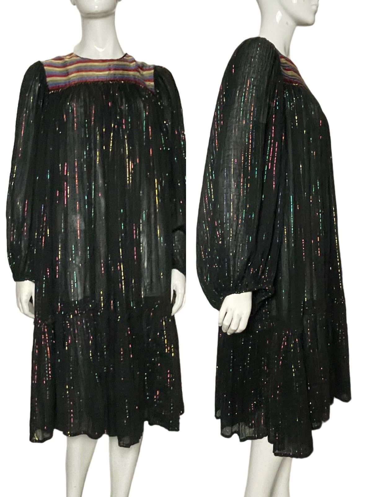 Image of 1970S Vintage Phool Indian Cotton Metallic Dress in Black, Women's (Size Small)