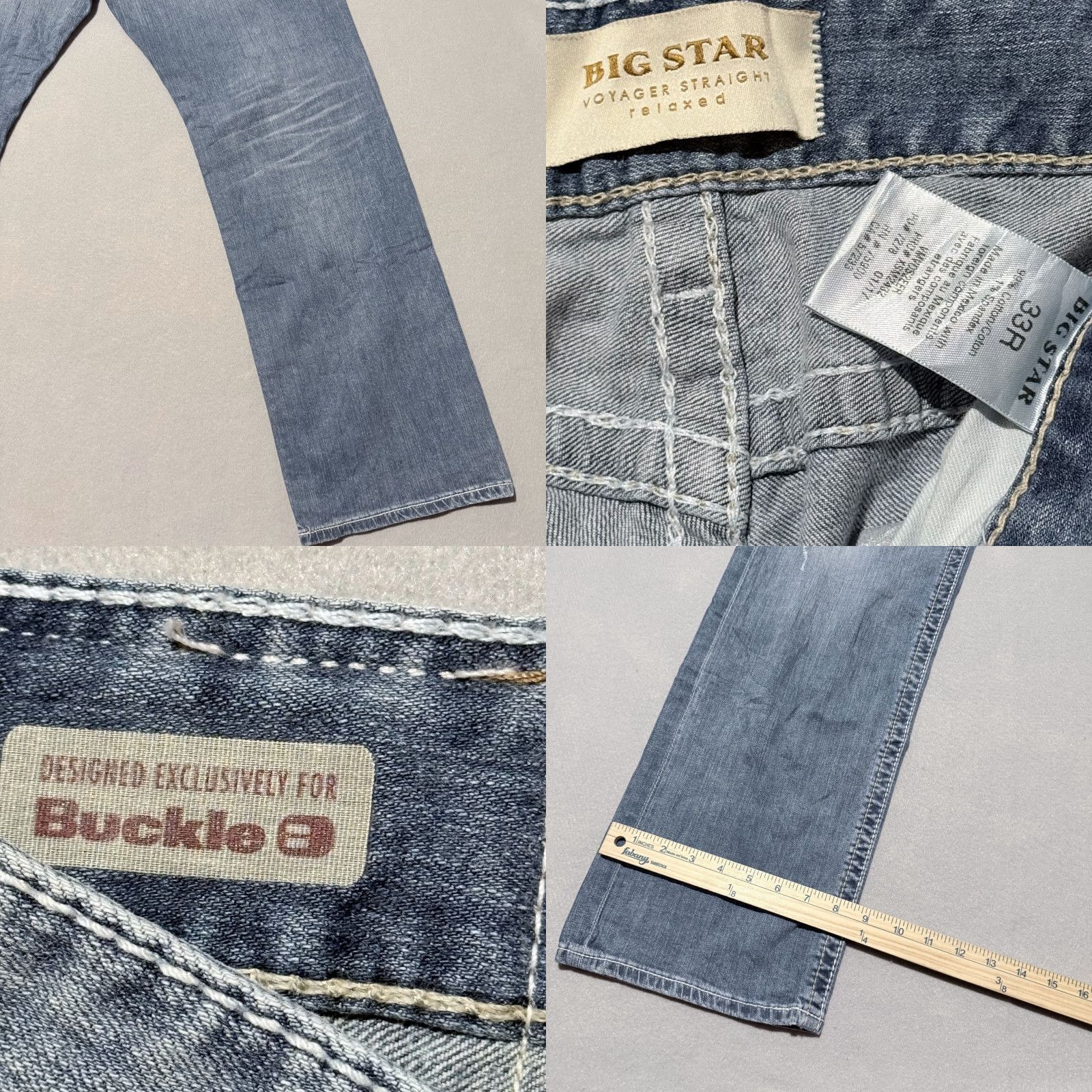 Vintage Buckle Big Star Jeans Men Blue Vintage Voyager Straight Stretch Distressed - 33 City Logo 5-Pocket Size US 33 - 8 Thumbnail