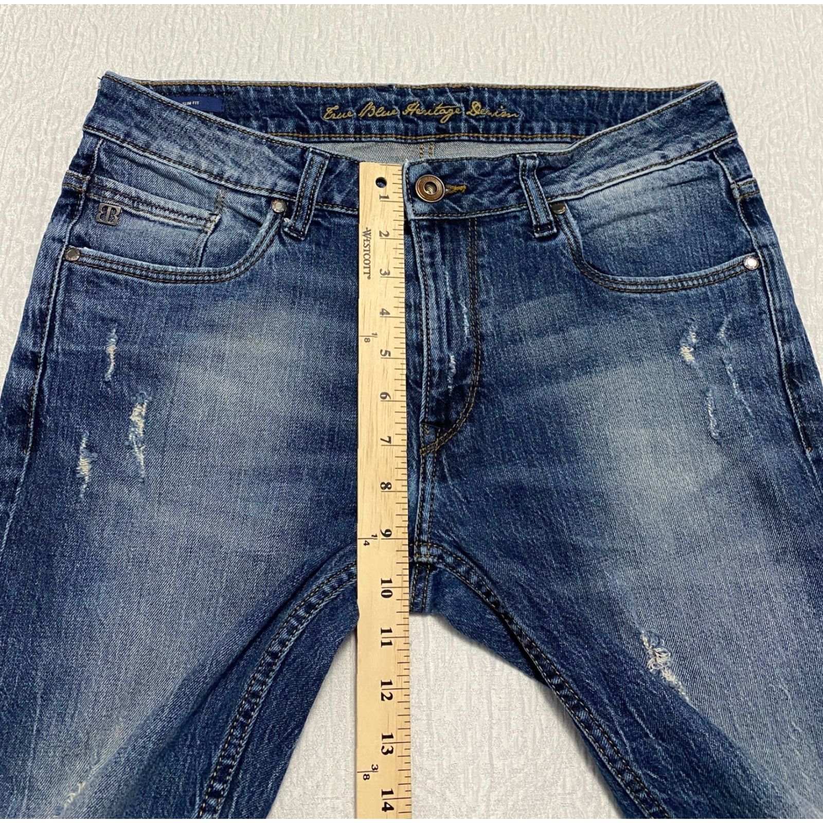 Vintage True Blue Denim Jeans Slim Mens Size 34 Waist 34 Inseam 29 Blue Distressed Stretch Skinny 5-Pocket Design Lightweight Denim Heritage Slim Fit Size US 34 / EU 50 - 4 Thumbnail