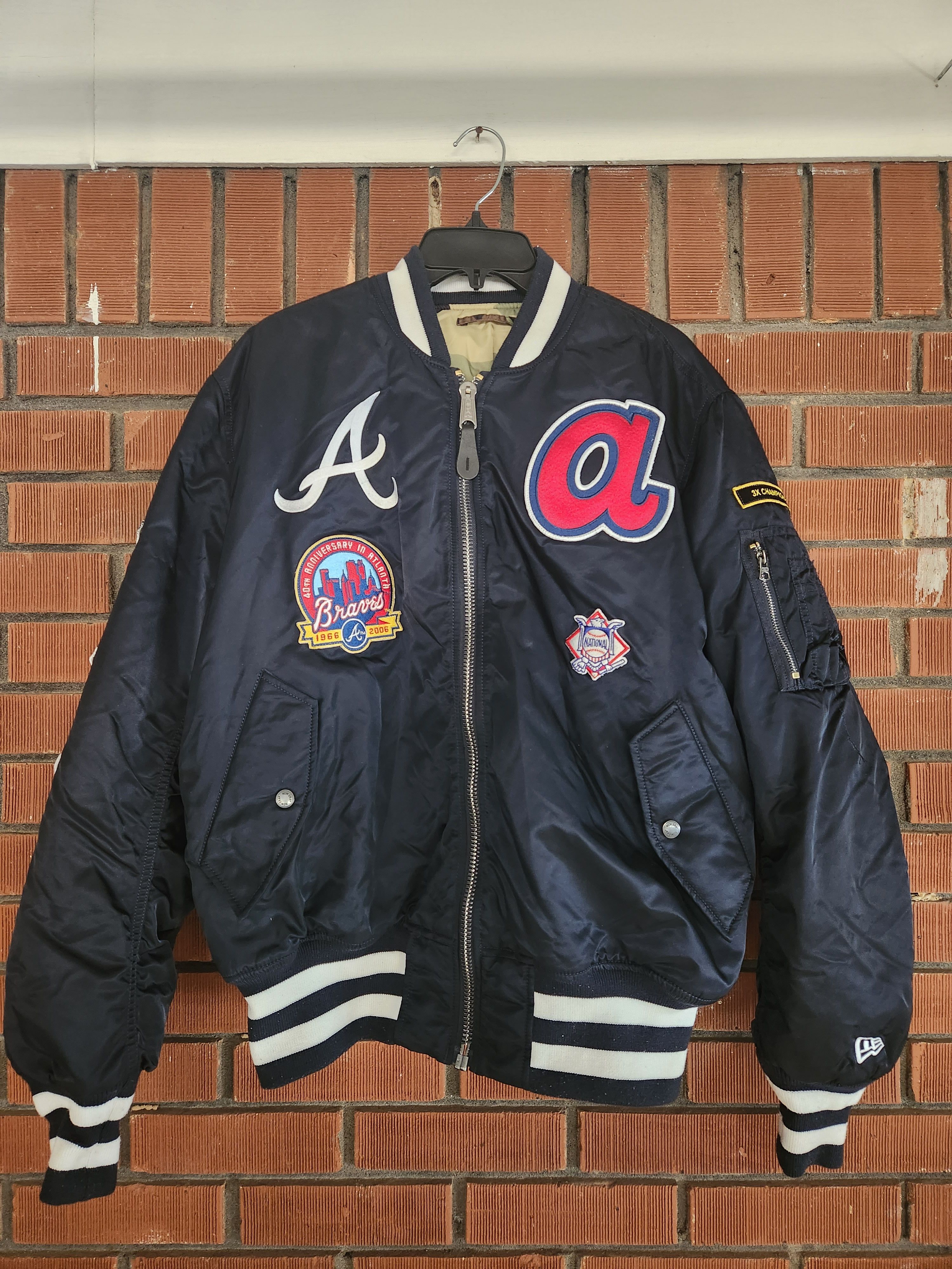 Image of Alpha Industries X New Era Reversible Ma-1 Bomber Jacket in Navy Blue, Men's (Size Large)