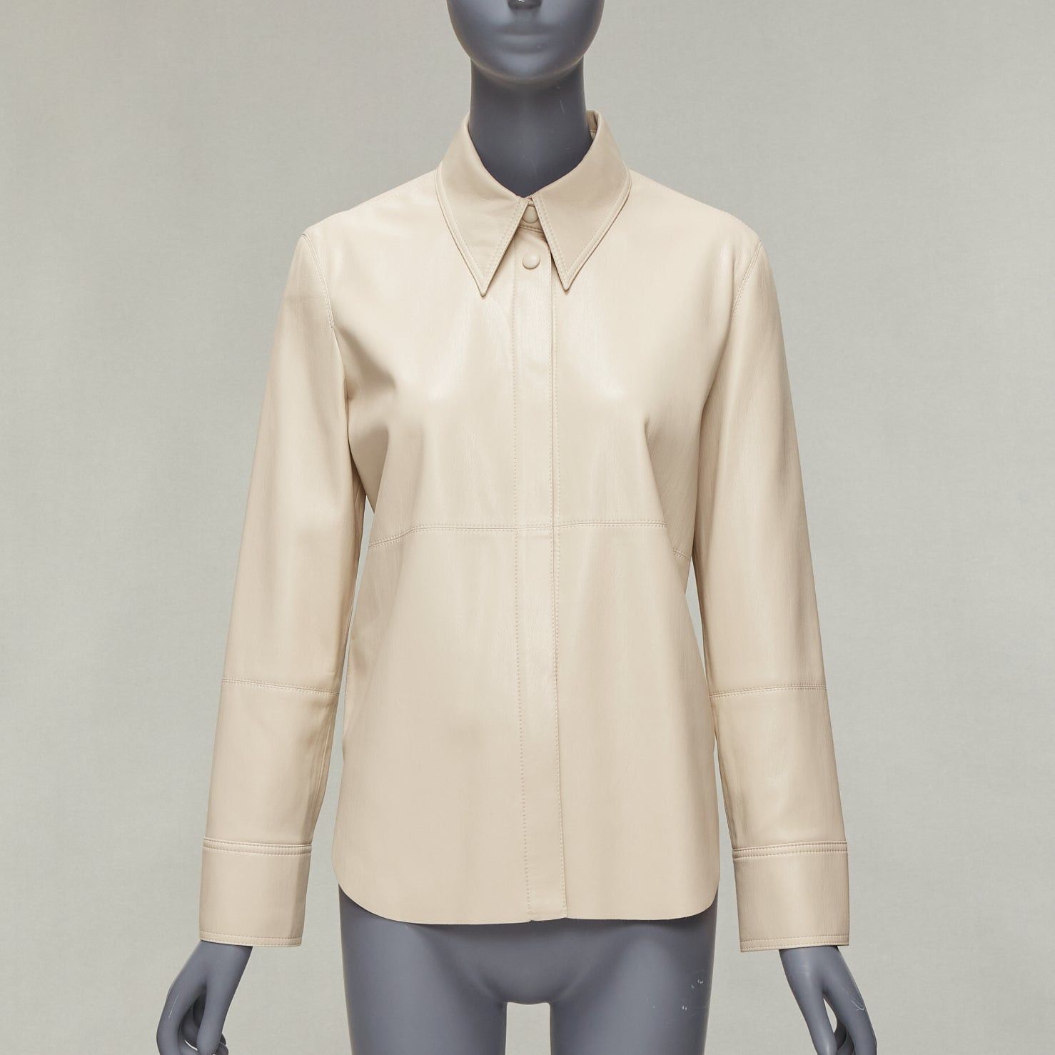 Nanushka NANUSHKA stone beige vegan leather panels hidden placket minimal shirt XS Size XS / US 0-2 / IT 36-38 - 1 Thumbnail