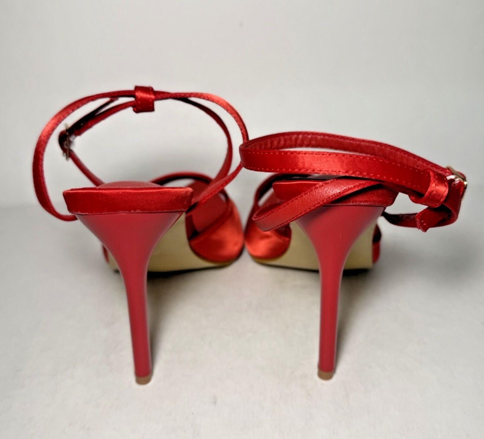 Ego Tripping Truely Ankle Strap Pointed Peep Toe Stiletto Red Satin Size US 9 / IT 39 - 4 Thumbnail