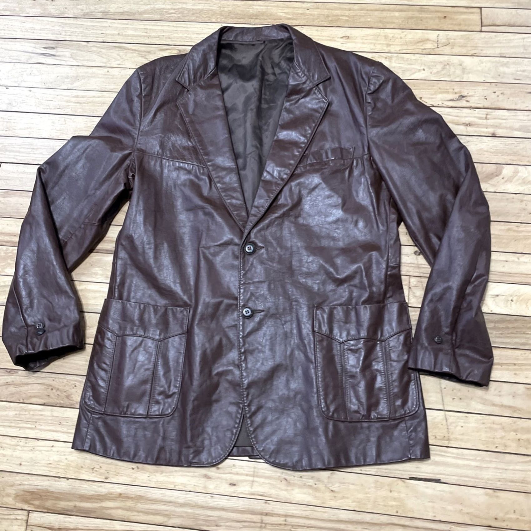 Sears VINTAGE Sears Clipper Mist Men 44 Tall Leather Blazer Jacket Brown 70s Western Chore Style 44T Mens Size 44R - 2 Thumbnail