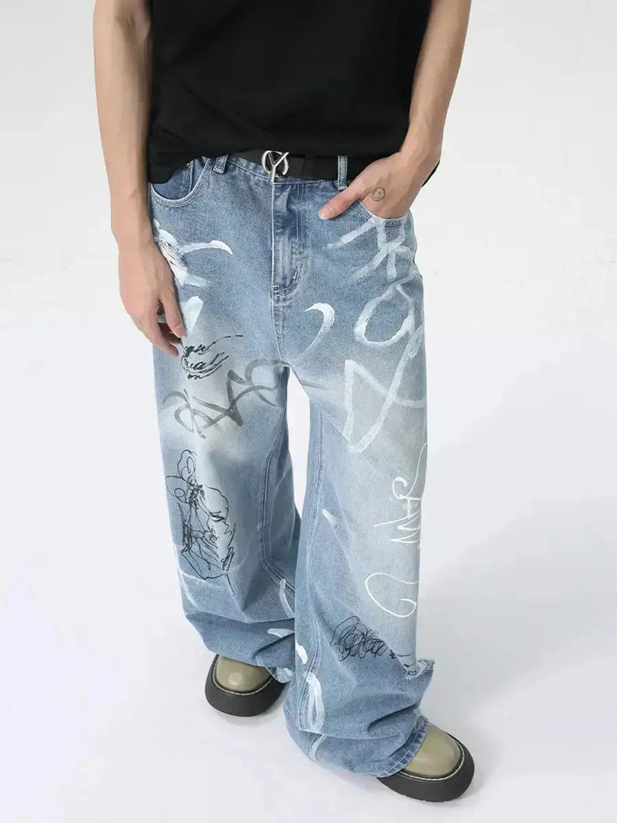 Japanese Brand Retro high street graffiti straight leg jeans Size US 32 / EU 48 - 2 Thumbnail