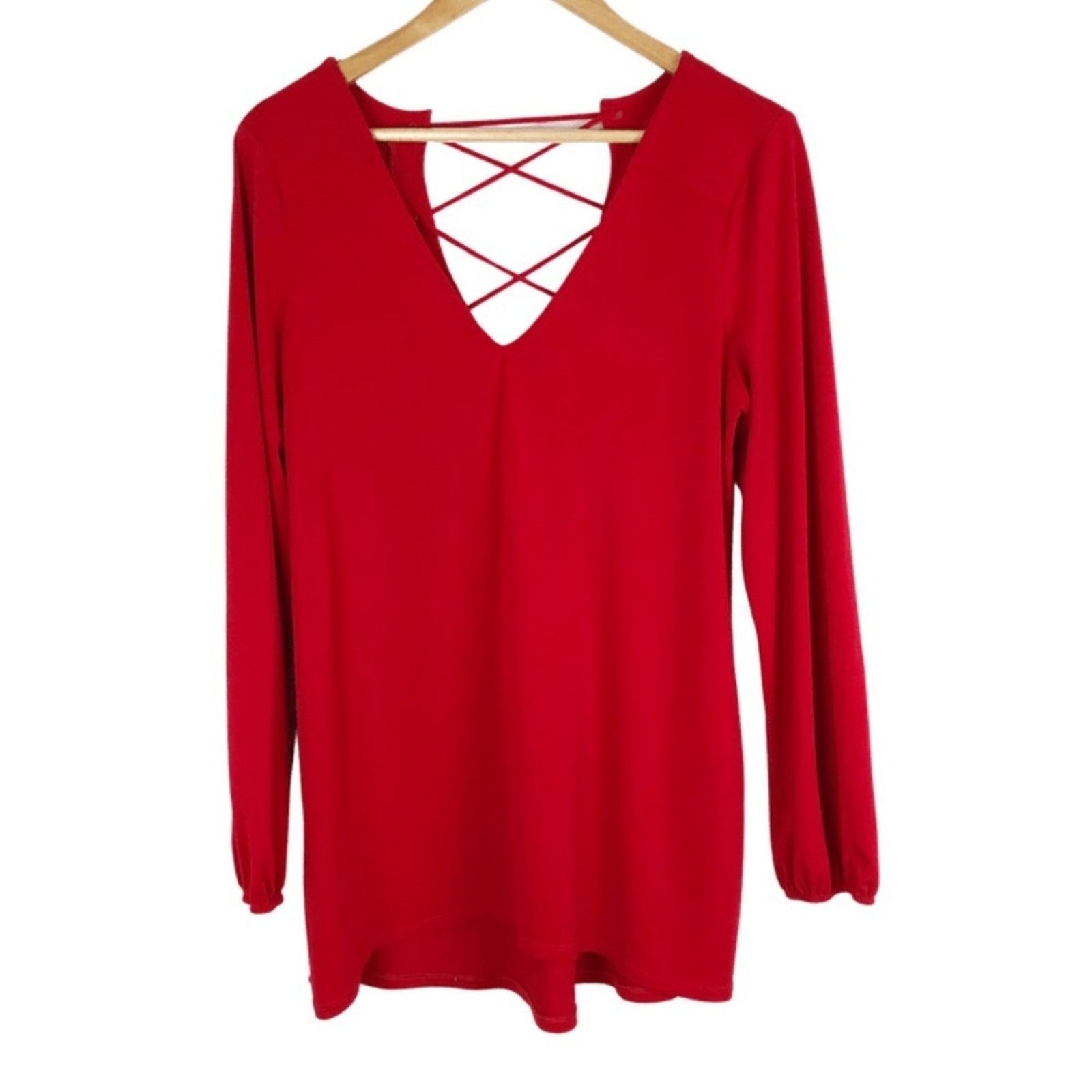 Express Express Women’s Red Lace Up Long Sleeve Sexy Blouse Size M / US 6-8 / IT 42-44 - 3 Thumbnail