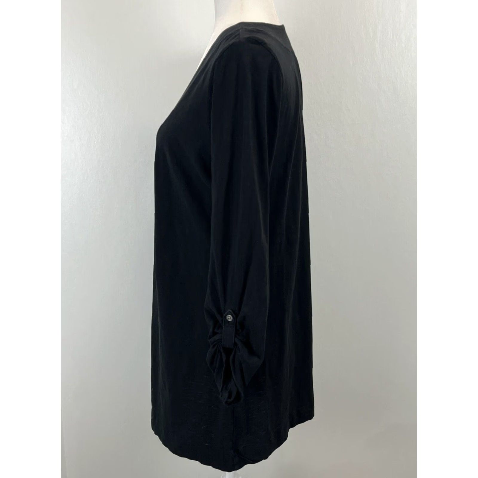 J. Jill J. Jill Womens Black V-Neck Tunic Shirt Dress Medium Long Sleeve Roll Tab Size M / US 6-8 / IT 42-44 - 2 Thumbnail