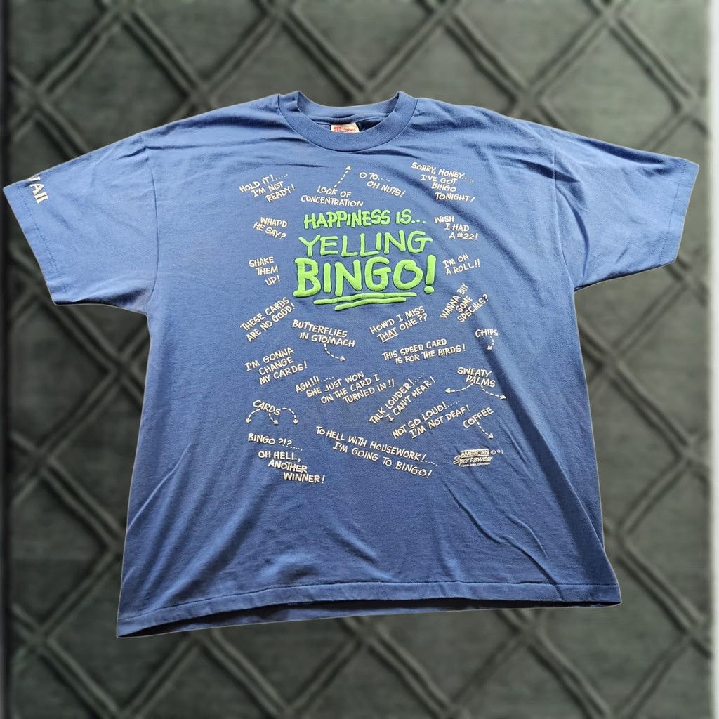 Hanes VINTAGE Bingo Shirt Mens XL Blue American Sportswear Funny Graphic 90s Tee 1991 Size US XL / EU 56 / 4 - 1 Thumbnail