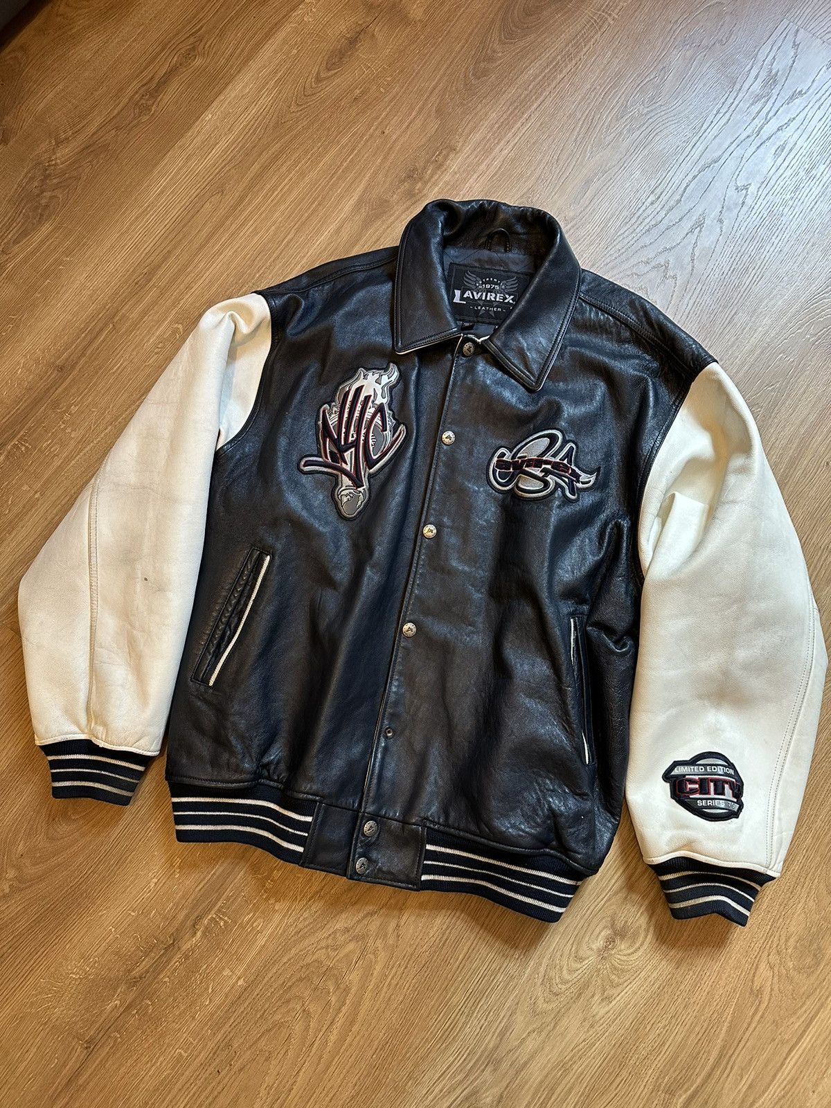 image of Avirex Leather Jacket Vintage Sity Series Limited Idition in Blue/White, Men's (Size 2XL)