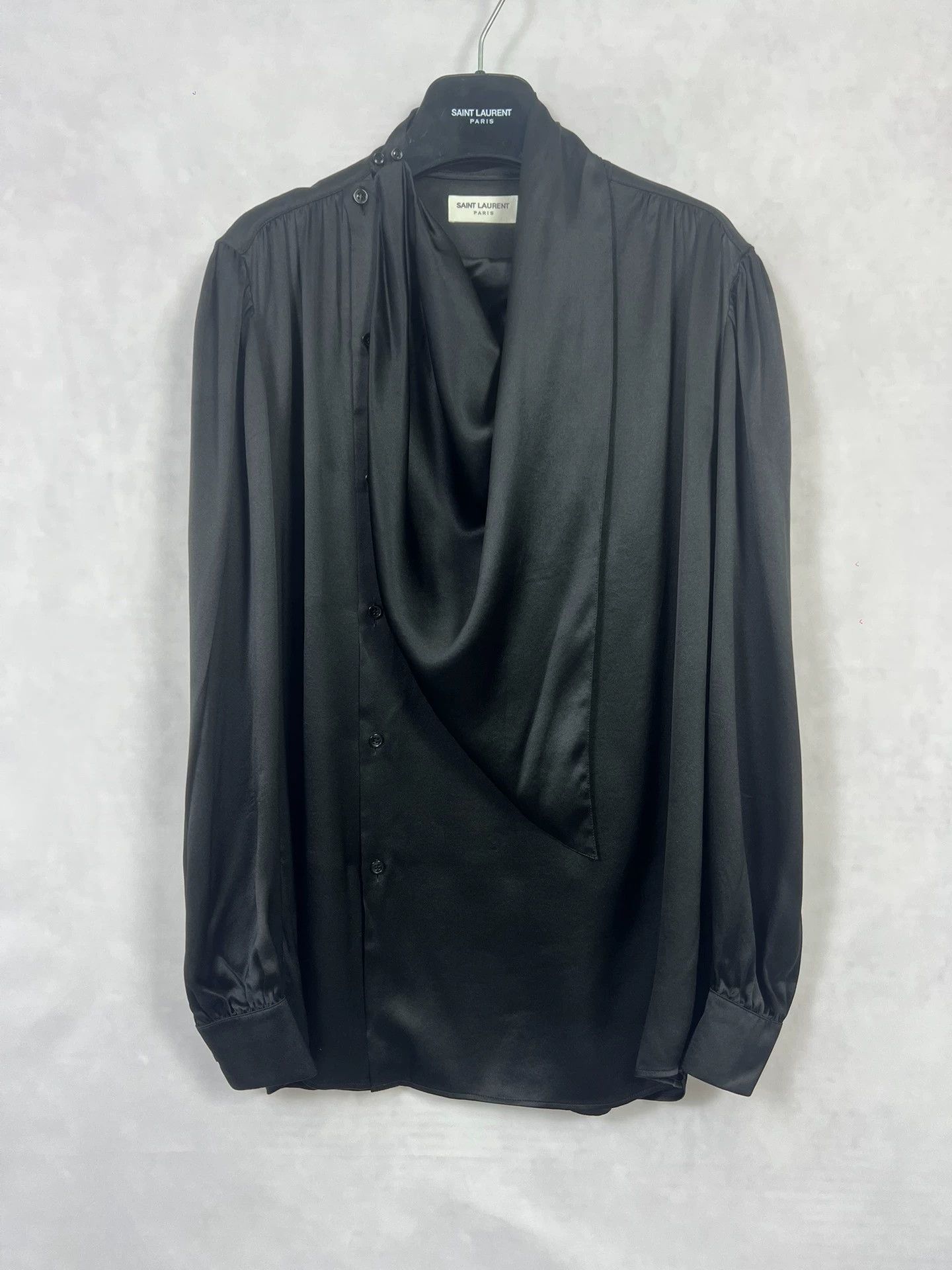 Saint Laurent Paris SLP22FW Saint Laurent Black Silk Asym Scarf Collar Shirt Size US XS / EU 42 / 0 - 1 Thumbnail