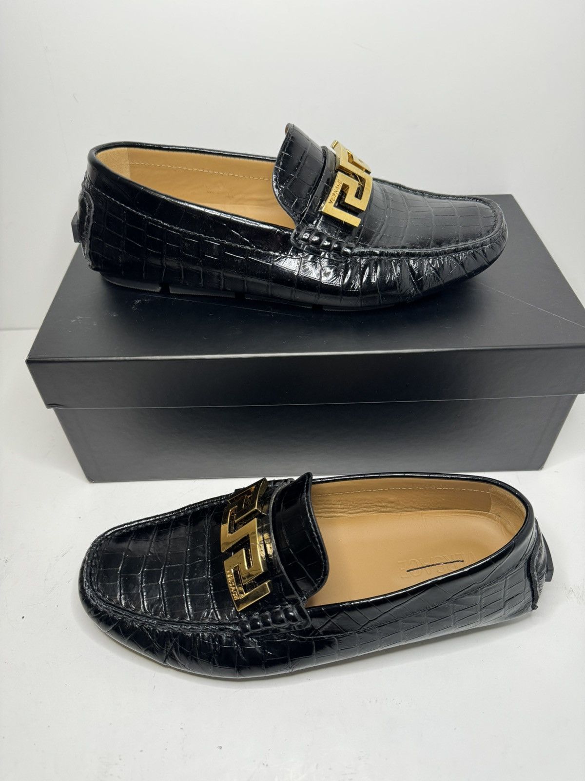 image of Versace Greca Croc-Embossed Leather Loafer Men's Black 41.5 (Size 8.5)