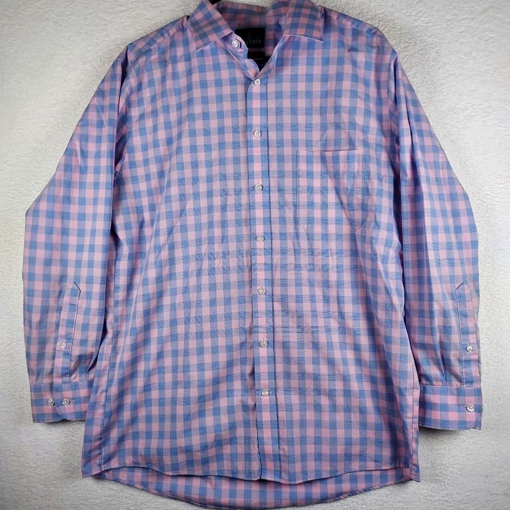 Stafford Stafford Dress Shirt Pink Blue Gingham 16 Regular Mens Long Sleeve Button-Down Collared Travel Business Knit? Size 42R - 2 Thumbnail