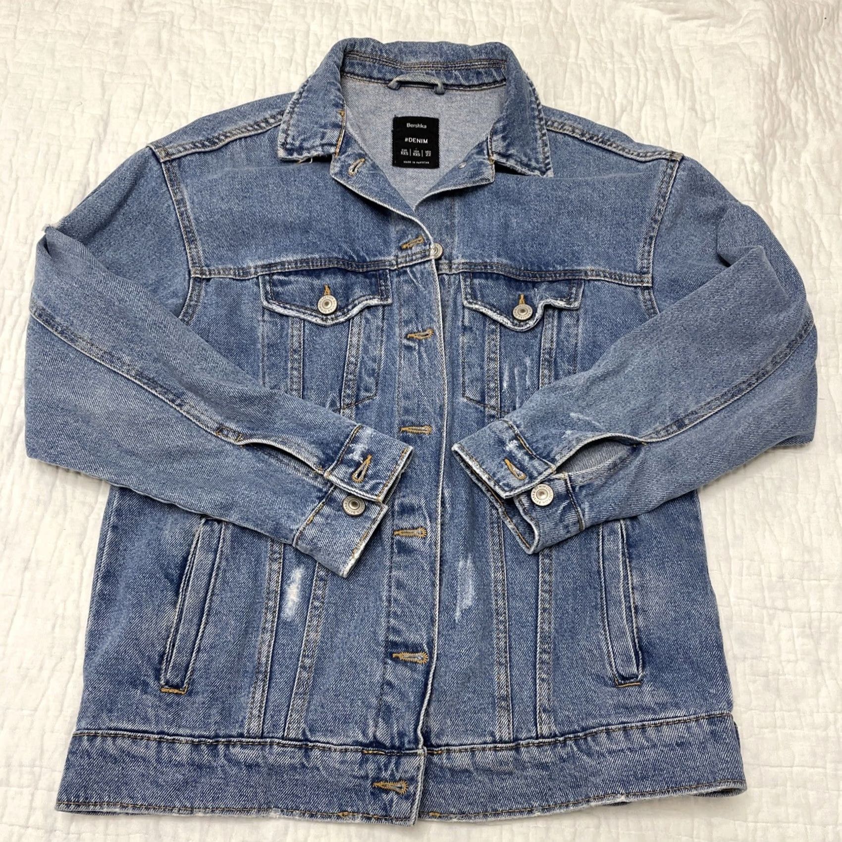 Bershka VINTAGE Bershka Denim Jean Jacket Oversized Boho Women XS-2XS Blue Distressed Jeans Jacket Ladies Small/Medium Denim Size 24" / US 00 / IT 34 - 4 Thumbnail