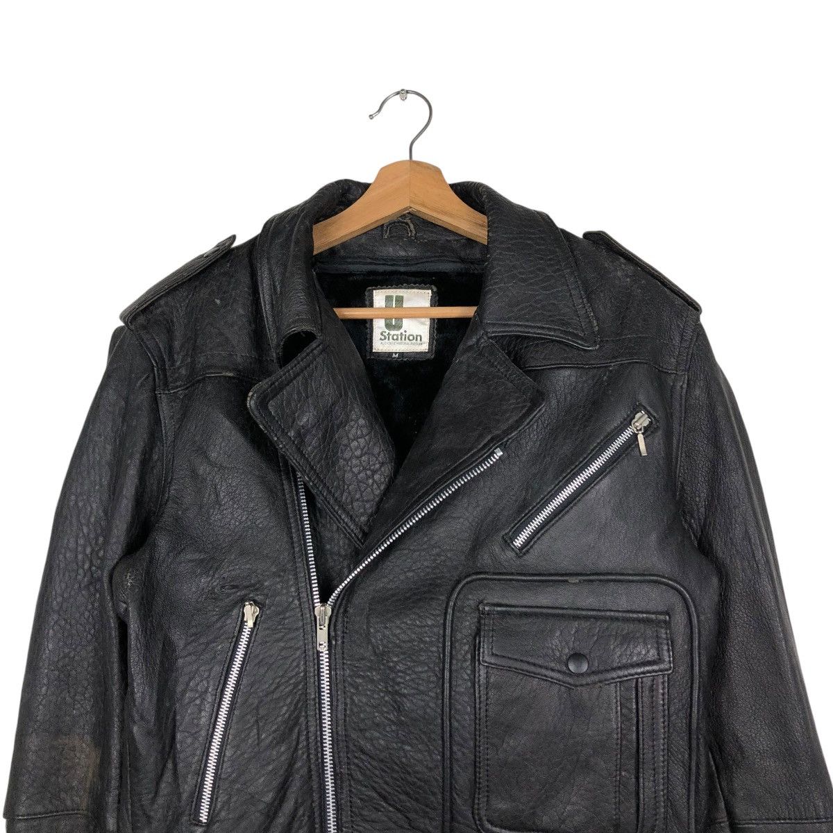 Japanese Brand 🔥VINTAGE BIKER LEATHER JACKET DOUBLE COLLAR U STATION Size US M / EU 48-50 / 2 - 4 Thumbnail