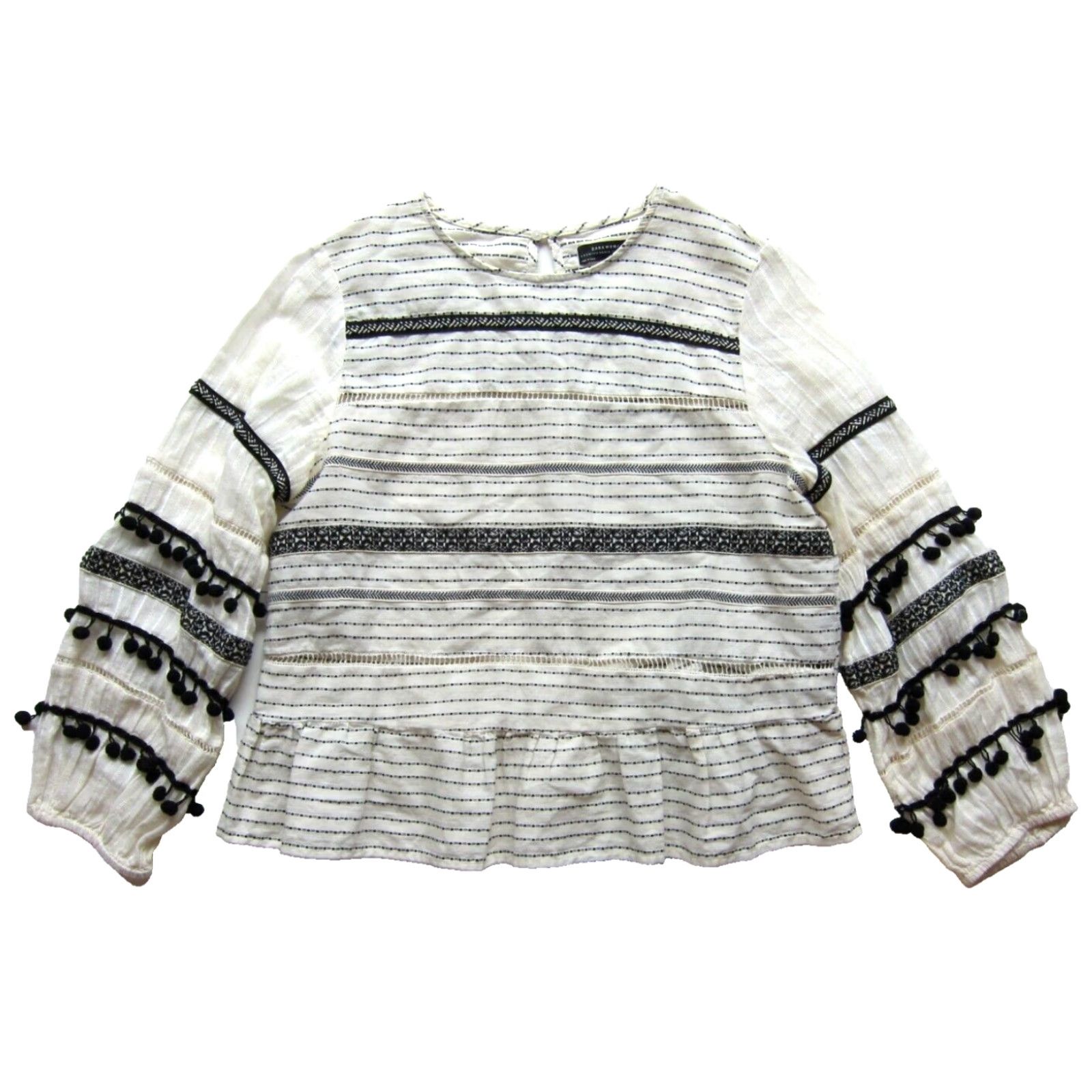 Zara Zara Woman Cotton Ivory Black Embroidered Long Sleeve Peasant Blouse Medium Size M / US 6-8 / IT 42-44 - 2 Thumbnail