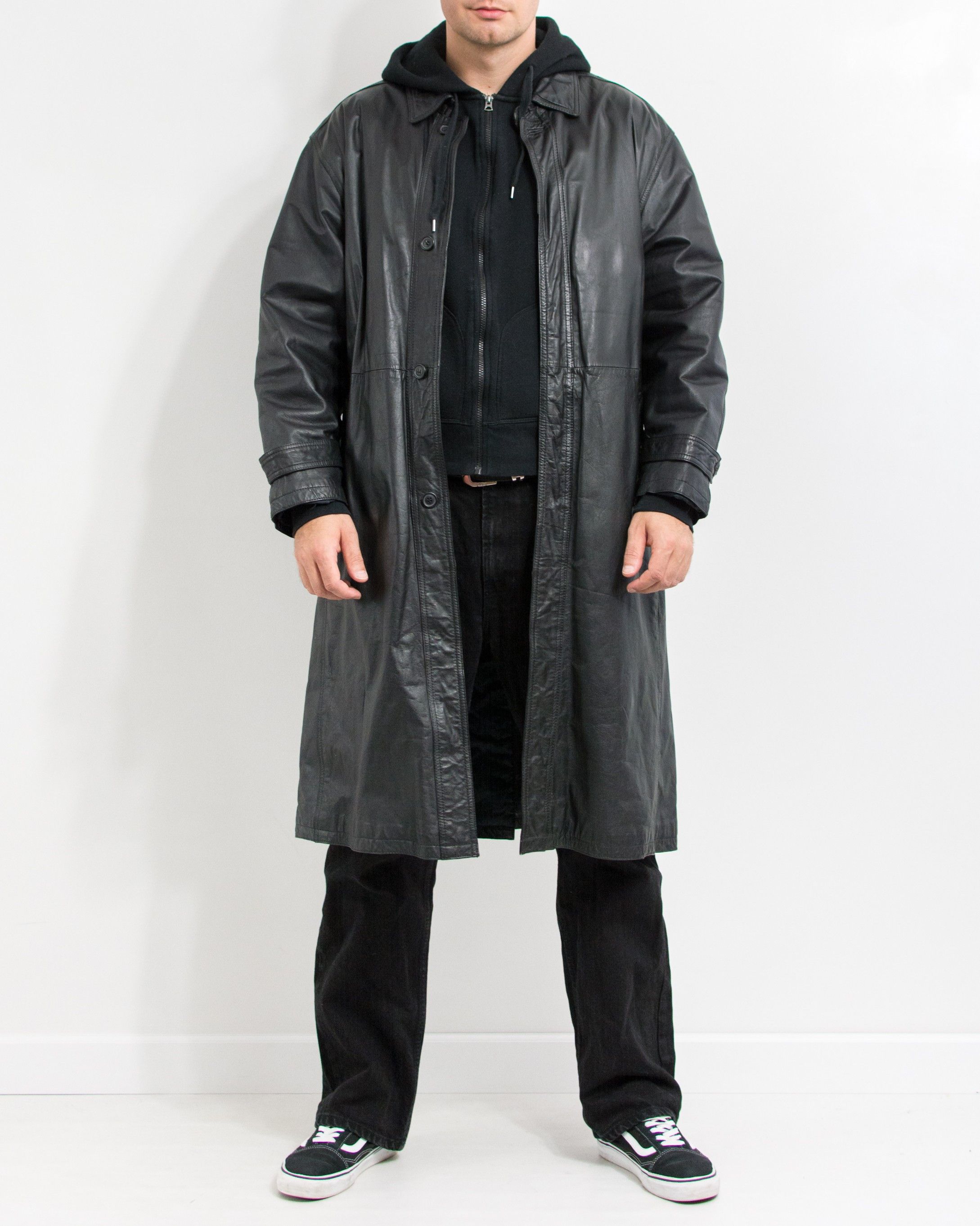 Genuine Leather × Vintage Vintage 90s Black Leather Trench Coat Men’s Size L Size US L / EU 52-54 / 3 - 2 Thumbnail