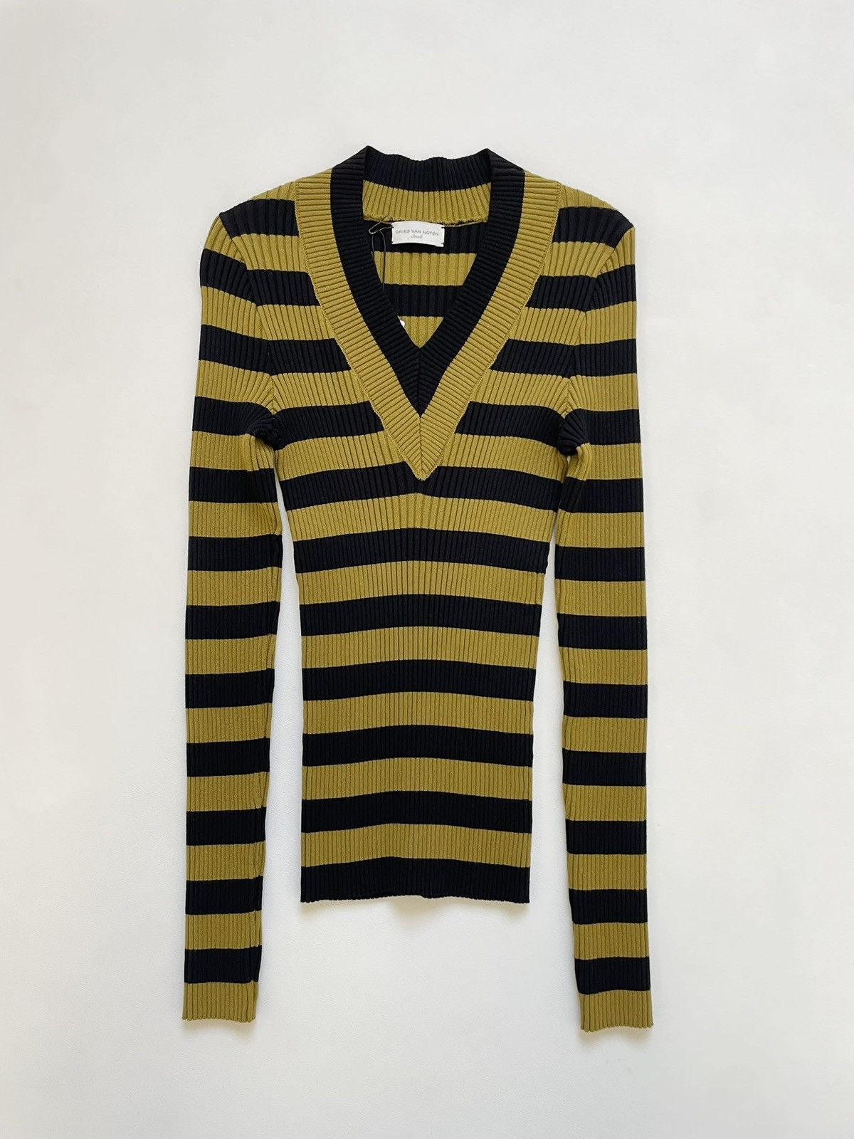 Dries Van Noten Olive/Black Striped Ribbed Knit Sweater Size S / US 4 / IT 40 - 1 Thumbnail