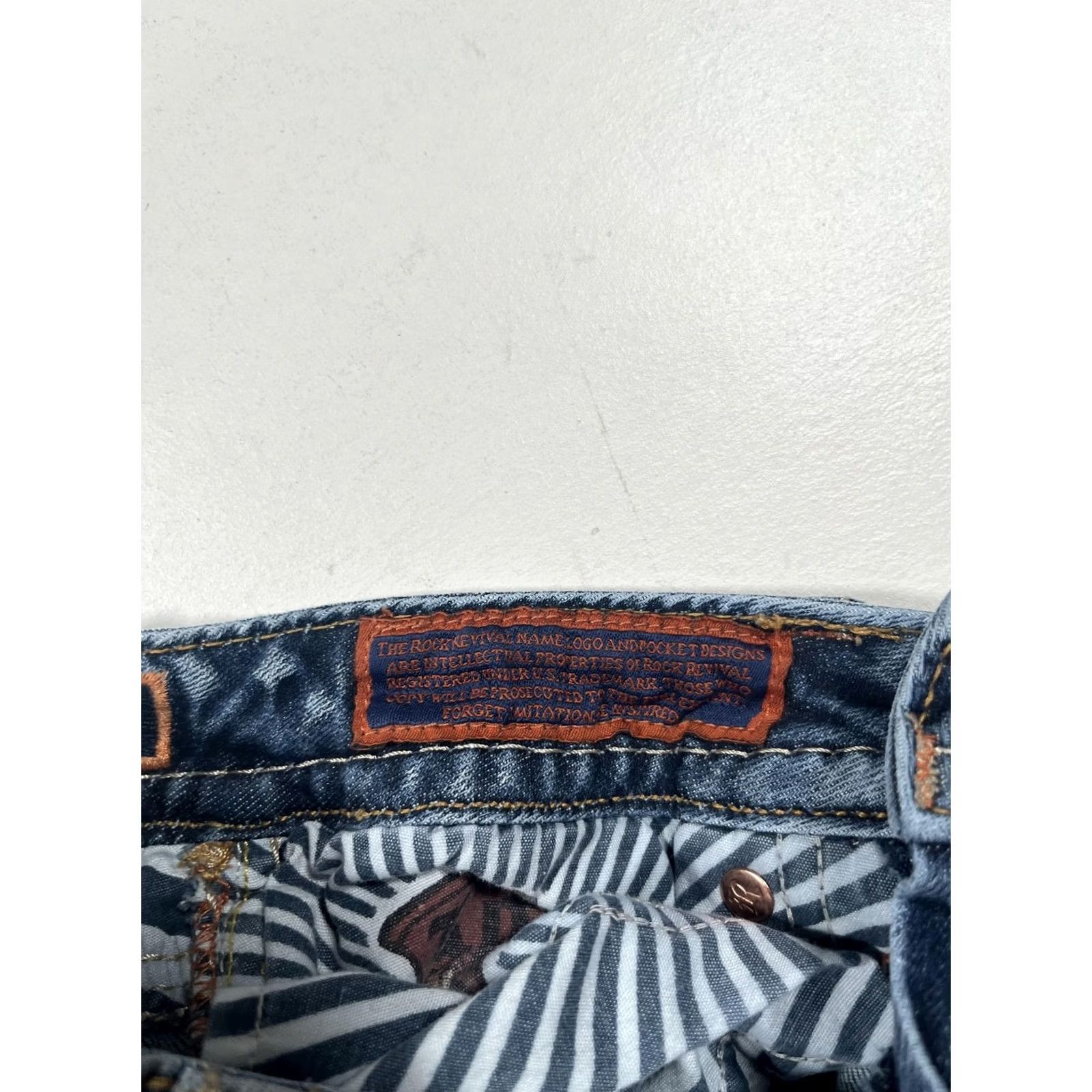 Vintage Rock Revival Jeans Womens 24 Blue Straight Distressed Embellished Flap Pockets Denim Medium Wash 32in Zip Mens? Wait. Size 42" / US 20 - 6 Thumbnail