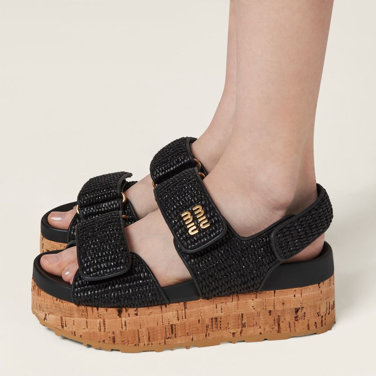 Miu Miu Miu Miu Raffia-effect woven fabric wedge sandals Size US 7 / IT 37 - 1 Thumbnail