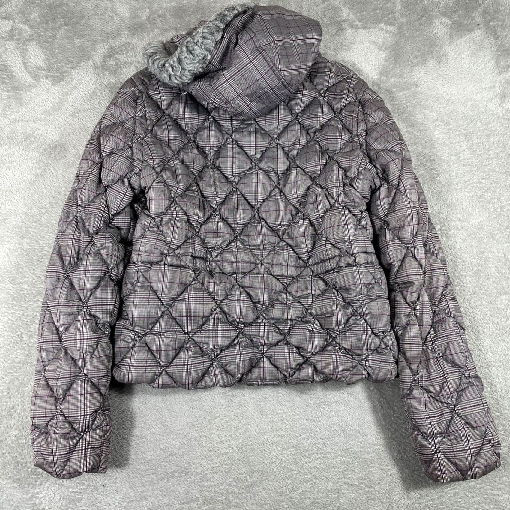 Guess Guess Puffer Jacket Women Large Purple Plaid Down Fill Faux Fur Hood Y2K Size L / US 10 / IT 46 - 2 Thumbnail