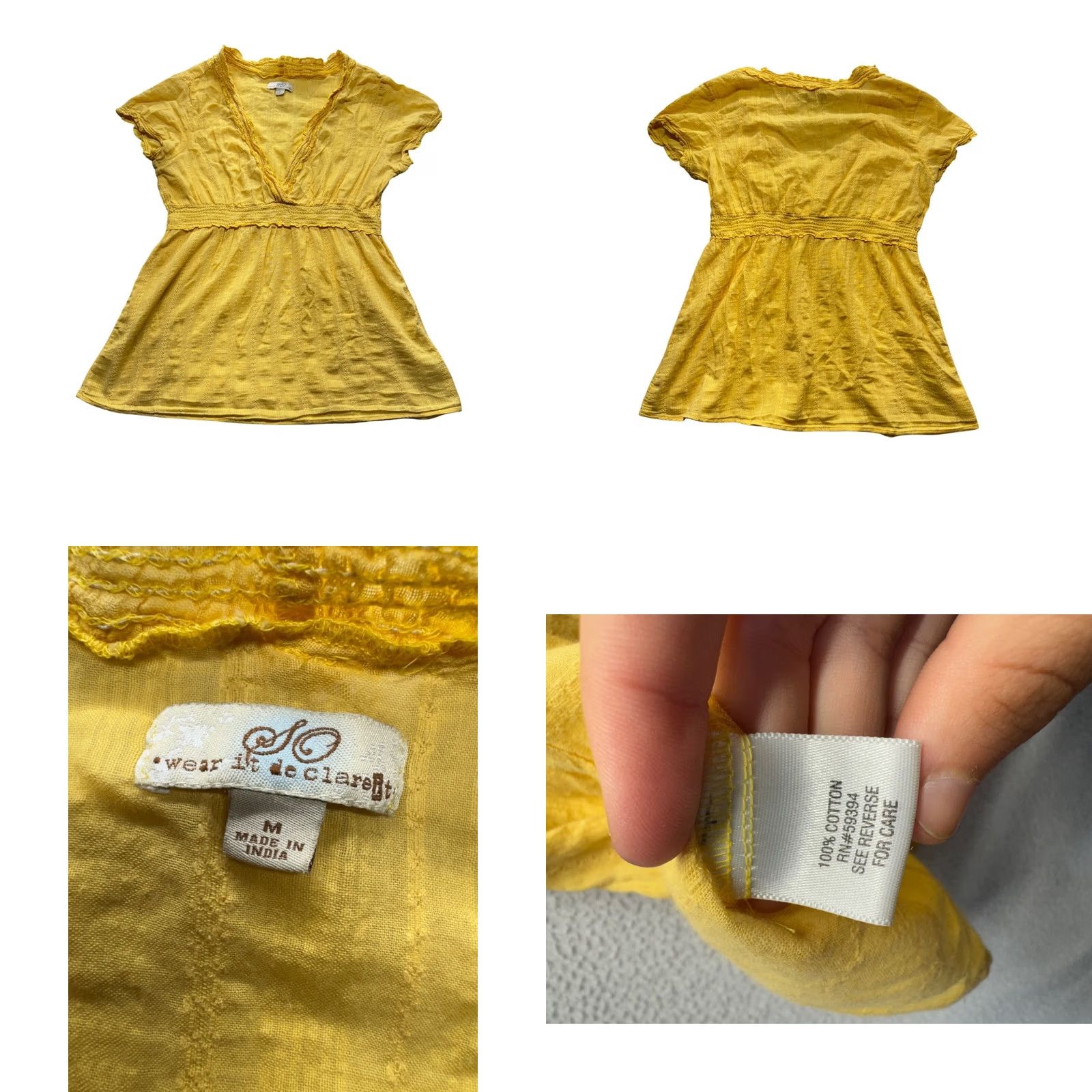 Vintage SO Wear It Declare It Yellow Short Sleeve V-Neck Top Womens M 100% Cotton Blouse Size M / US 6-8 / IT 42-44 - 8 Thumbnail