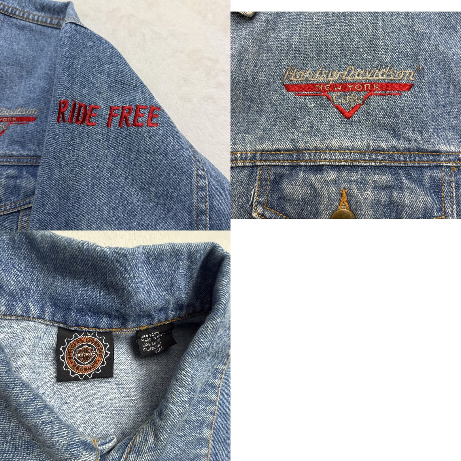 Harley Davidson VINTAGE Harley-Davidson NY Jacket Mens Large Blue Denim Cafe Embroidered 90s Regular Lightweight Casual Size US L / EU 52-54 / 3 - 10 Thumbnail
