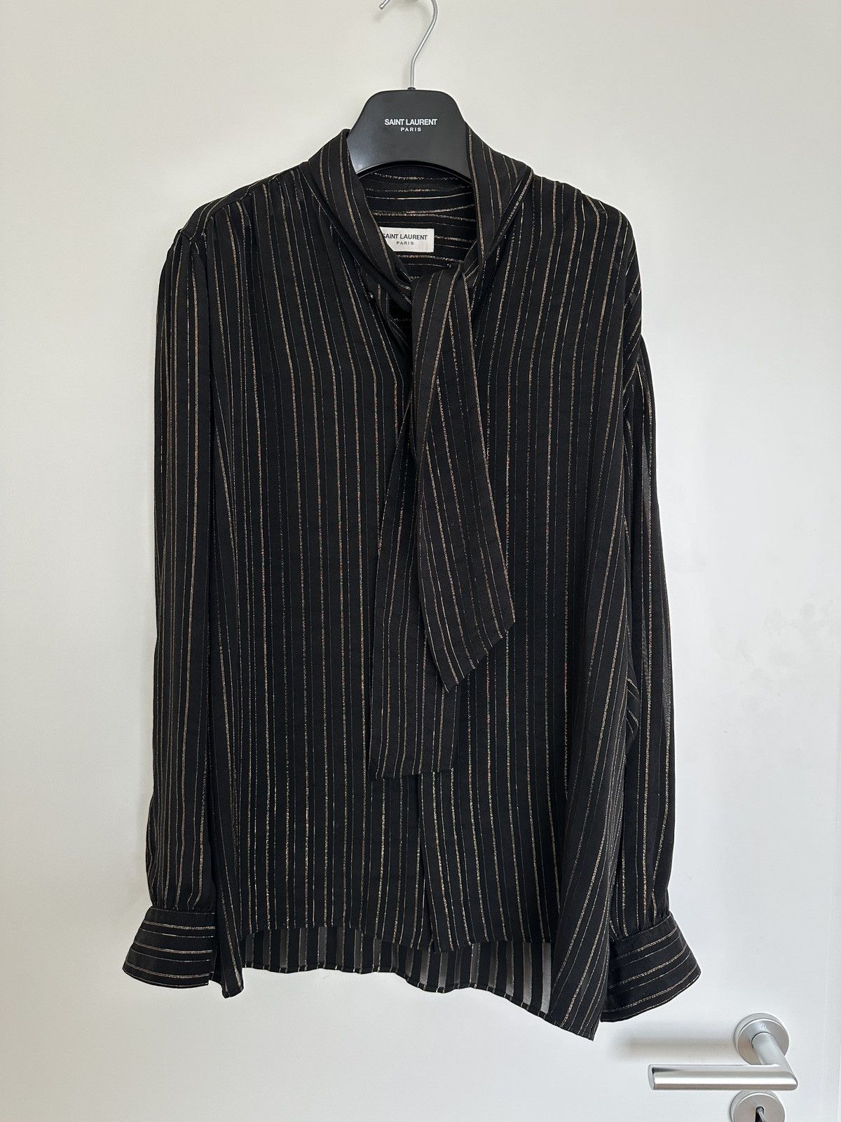 Saint Laurent Paris Black & Gold Silk Shirt with Lavallière Tie Size 40 Size US M / EU 48-50 / 2 - 1 Thumbnail