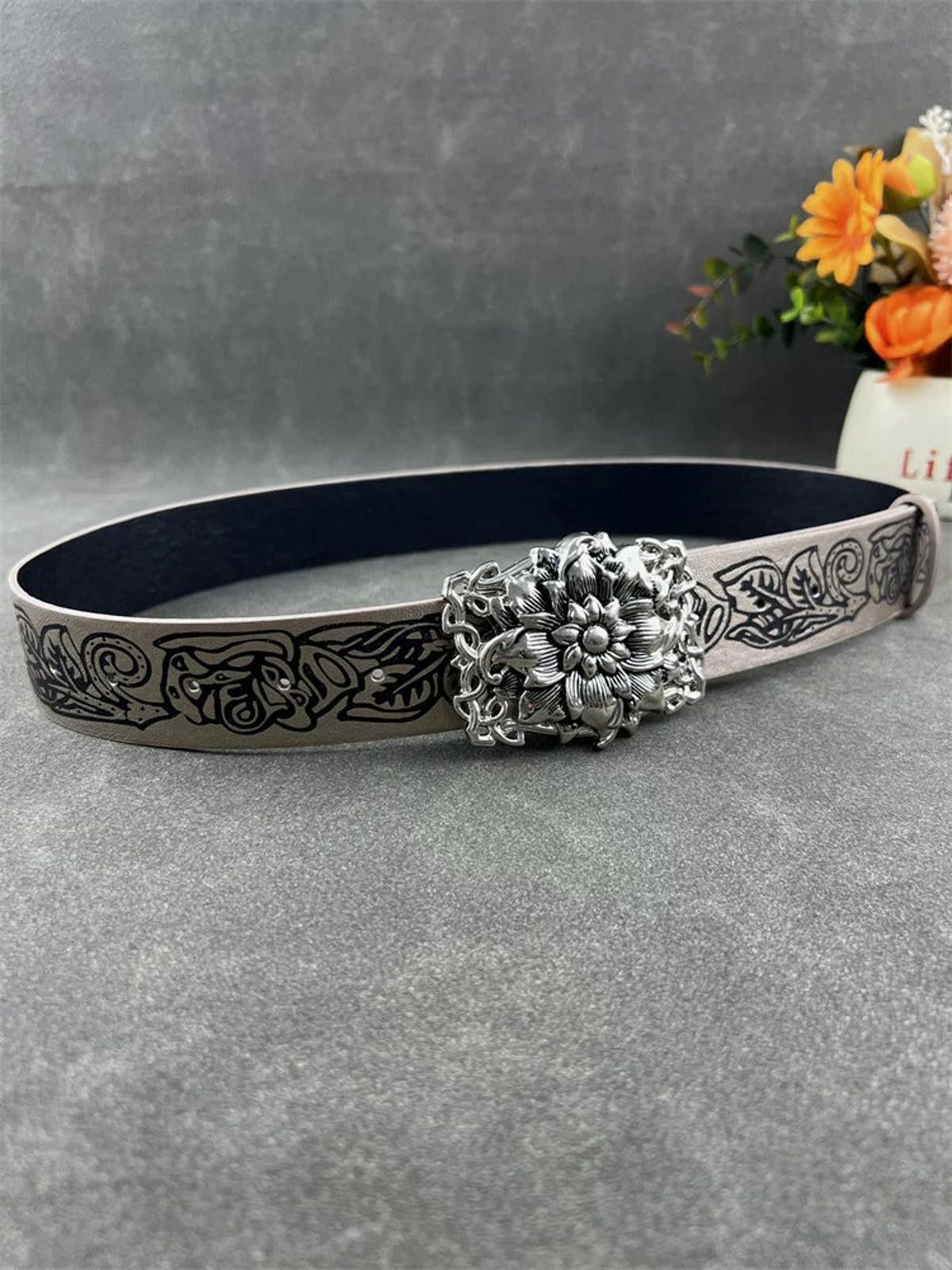 Leather Floral-Embossed Silver Buckle Belt Size ONE SIZE - 3 Thumbnail