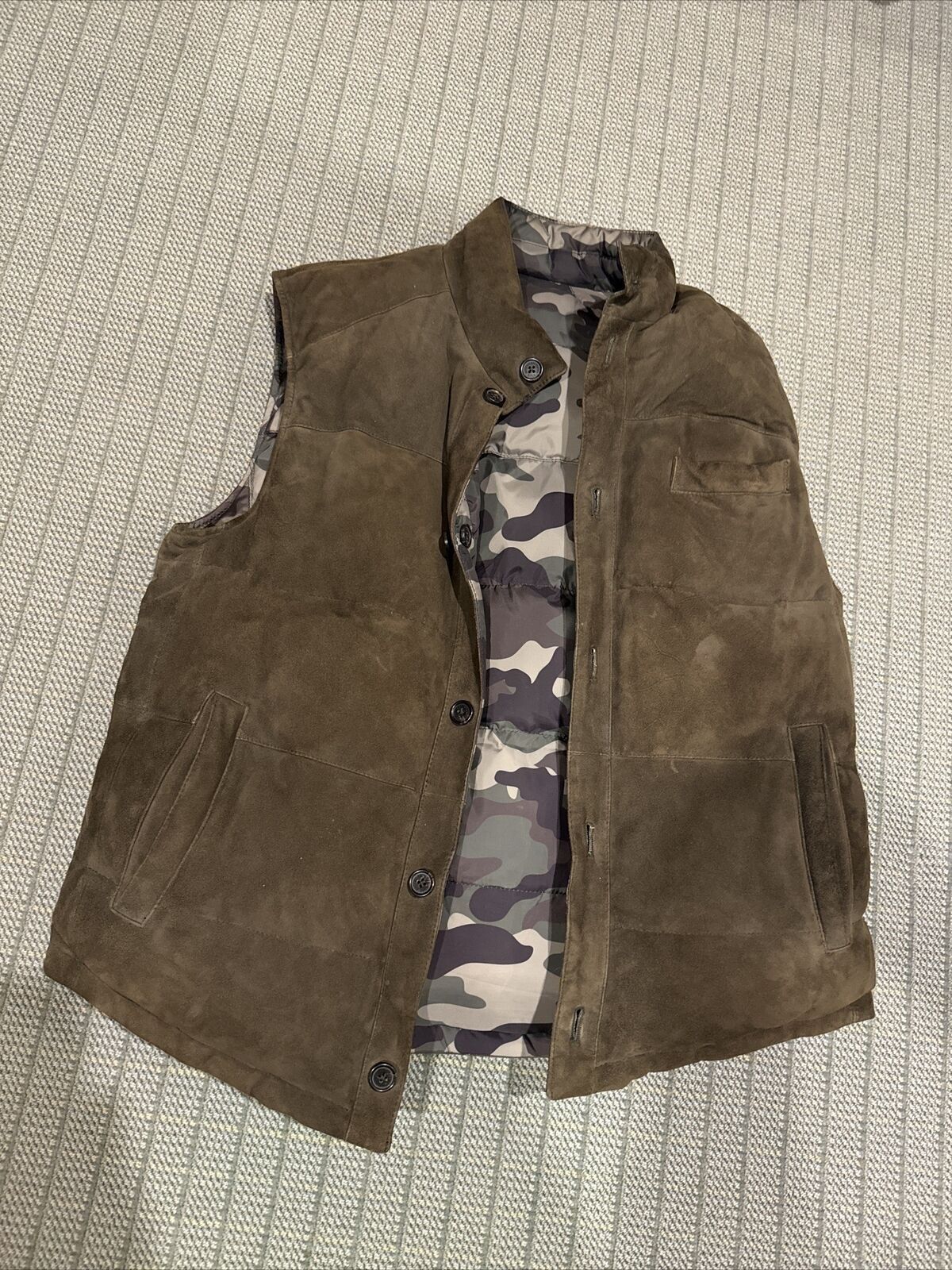 image of Reversible Suede And Camo Puffer Vest In Olive Size M $698 in Olive Suede Green Camo Down, Men's