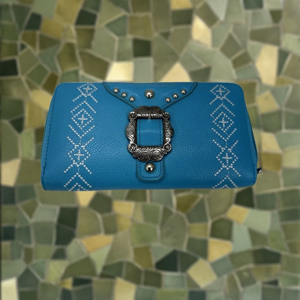 Vintage Unbranded Wallet Turquoise Southwestern Buckle Stitched Studded Zip Crossbody Women's Medium Turquoise Aztec Western Mens Womens Girls Boys Size ONE SIZE - 1 Thumbnail