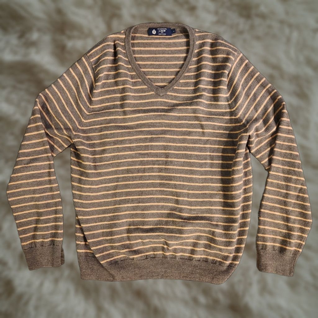 J.Crew J.CREW Mens Merino Wool Sweater Size Large Gray Striped V-Neck Pullover Sweater Mens Slim Knit Wool Fall Winter Navy Gray Size US L / EU 52-54 / 3 - 1 Thumbnail