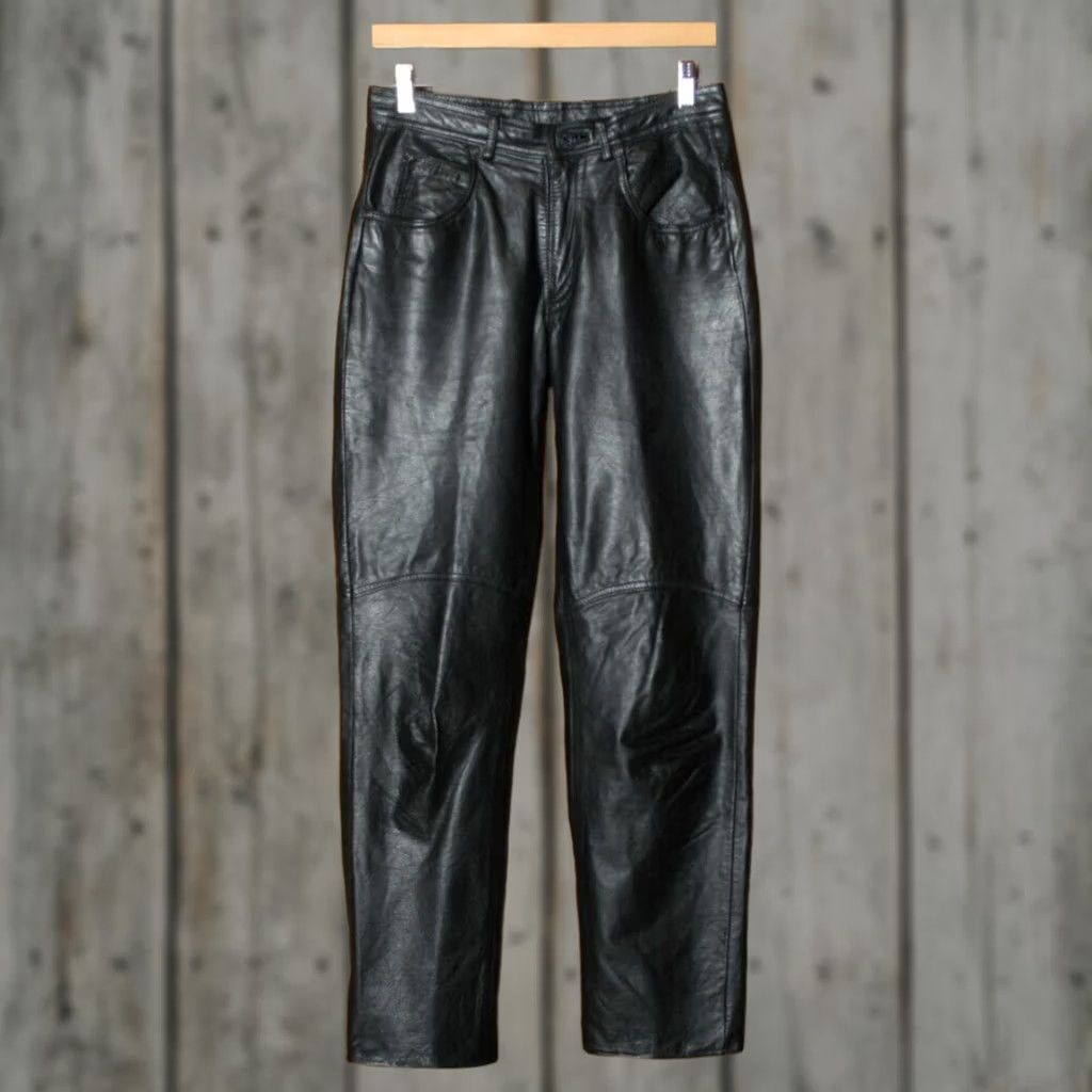 Ben Sherman VINTAGE Bermans Black Leather Tapered Leg Motorcycle Pants Women's 29x29 30 Inseam Leather Biker Pants Womens Size 29" - 1 Thumbnail