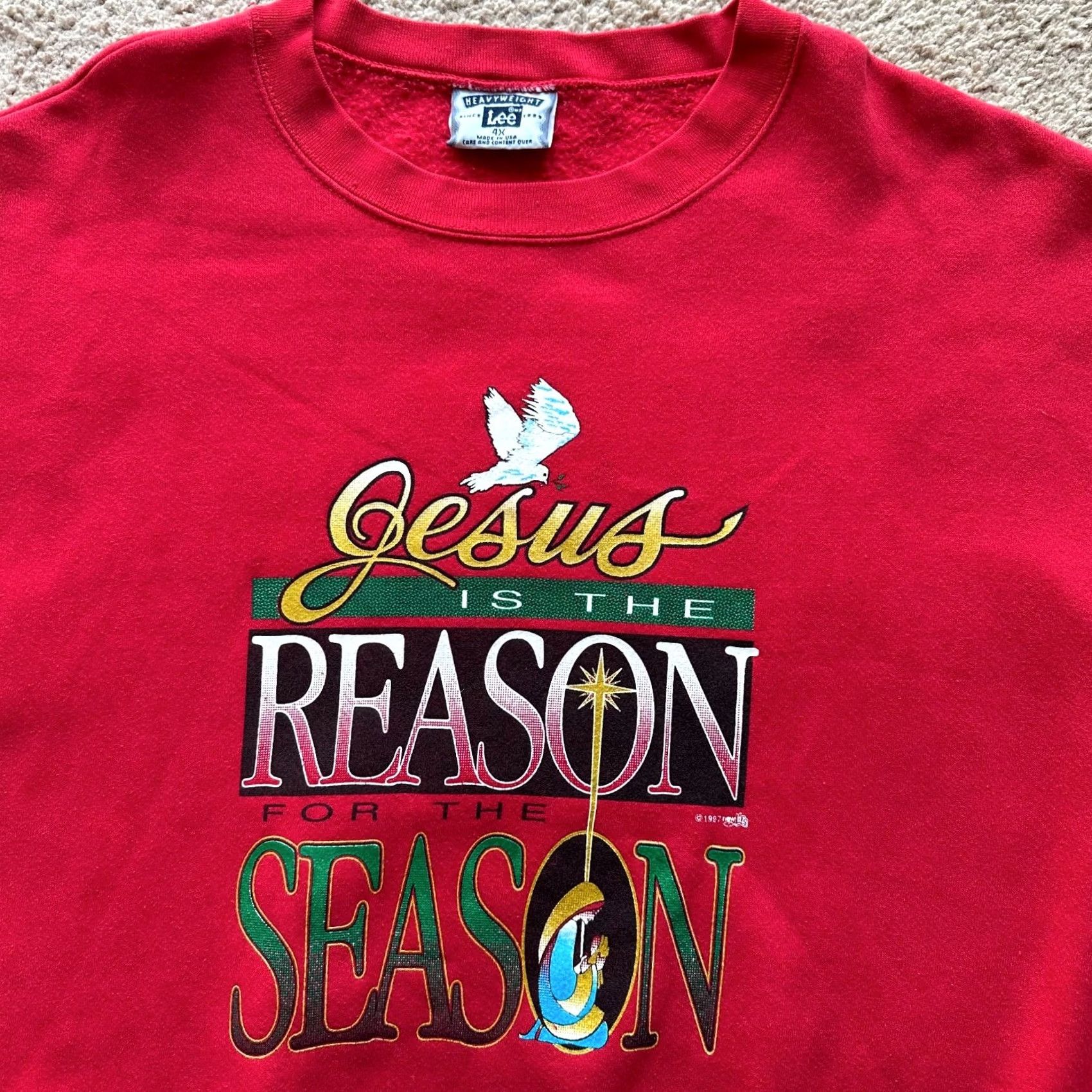 Lee VINTAGE Lee Jesus Sweater Mens 4XL Pullover Crewneck Red Long Sleeve 1997 Size US XXL / EU 58 / 5 - 2 Thumbnail