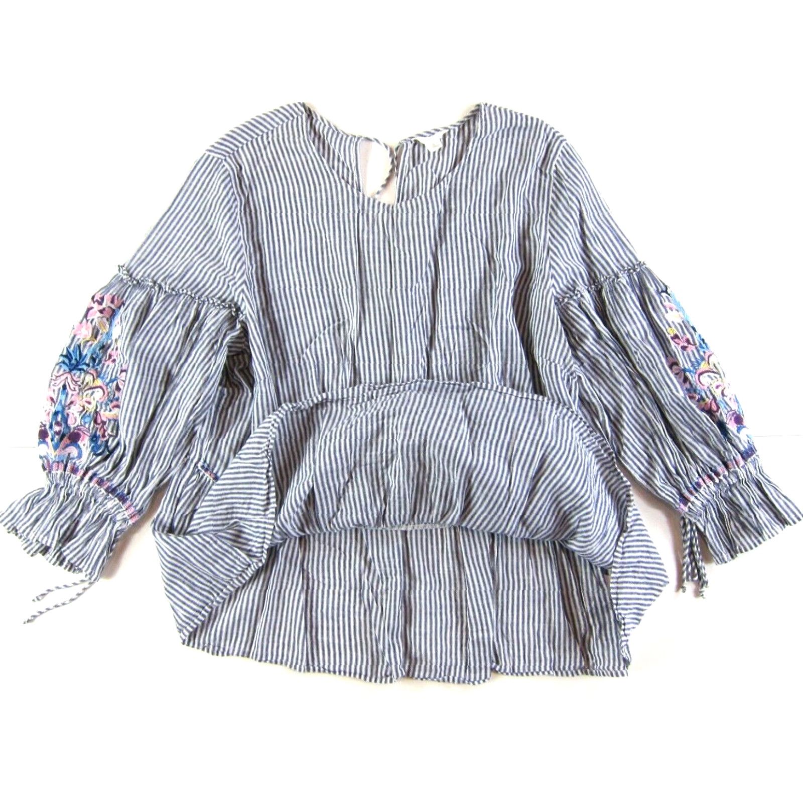 Vintage CASLON Blouse Tunic Women 1X Blue White Stripe Pink Embroidered Floral Casual Sleeves 3/4 Cotton Tunic Peasant Size XL / US 12-14 / IT 48-50 - 5 Thumbnail