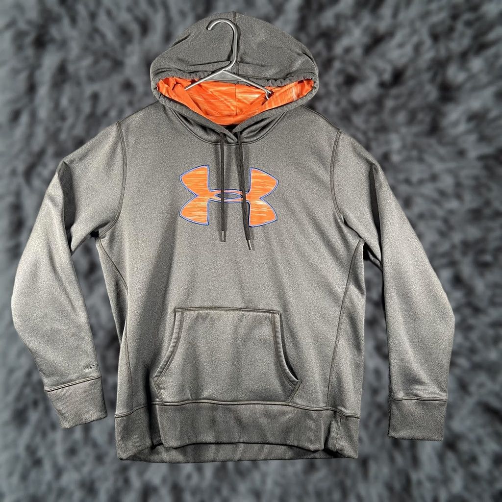 Under Armour Under Armour Hoodie Mens Large Gray Orange ColdGear Graphic Print Pullover with Hood, Kangaroo Pocket, Thermal, Fleece, Logo Size US L / EU 52-54 / 3 - 1 Thumbnail