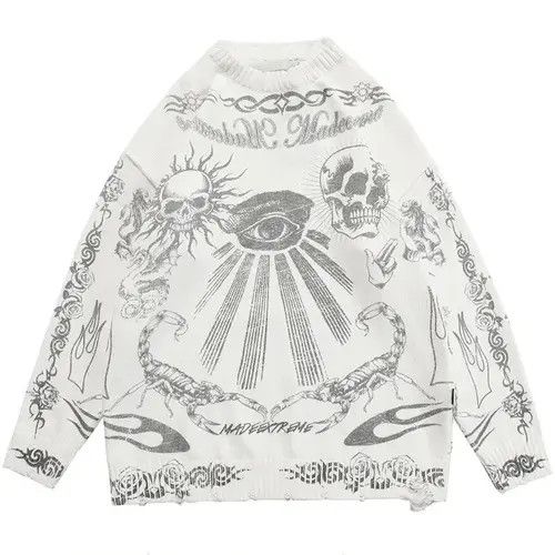 Japanese Brand Grunge y2k goth skull tribal print knit White sweater Size US M / EU 48-50 / 2 - 1 Thumbnail