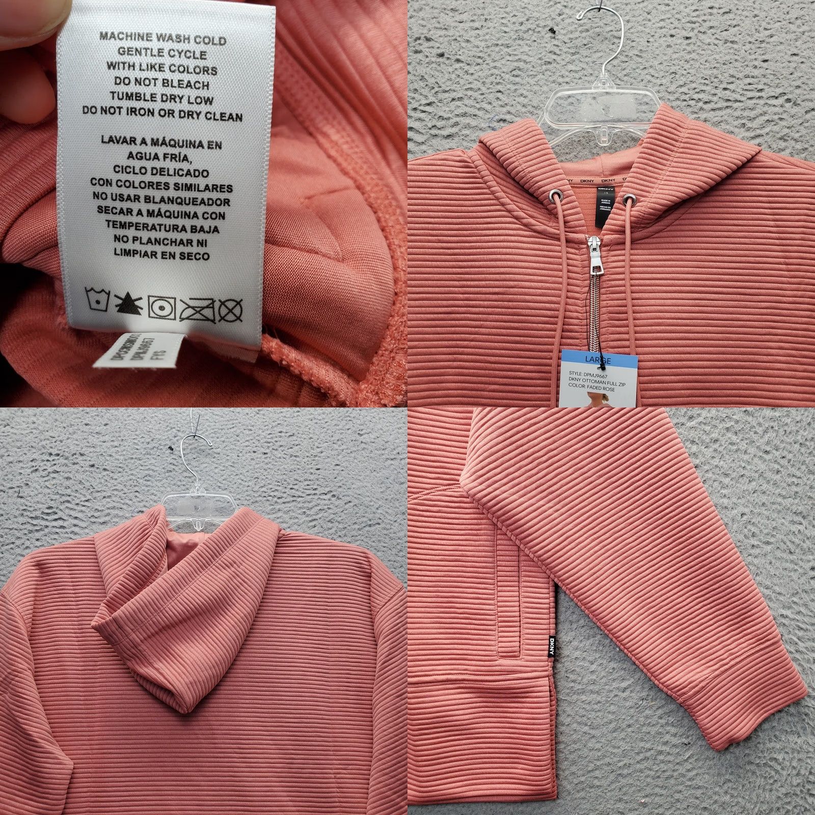 DKNY DKNY Hooded Jacket Women L Pink Ribbed Soft Ottoman Tech Pockets Zip Up DPMJ9667 Size L / US 10 / IT 46 - 8 Thumbnail