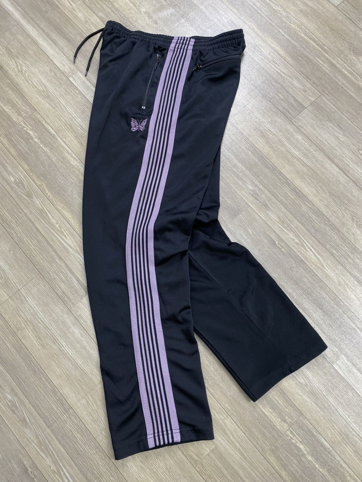 Needles Needles Japan Poly Black/Charcoal + Silver Track pants sz