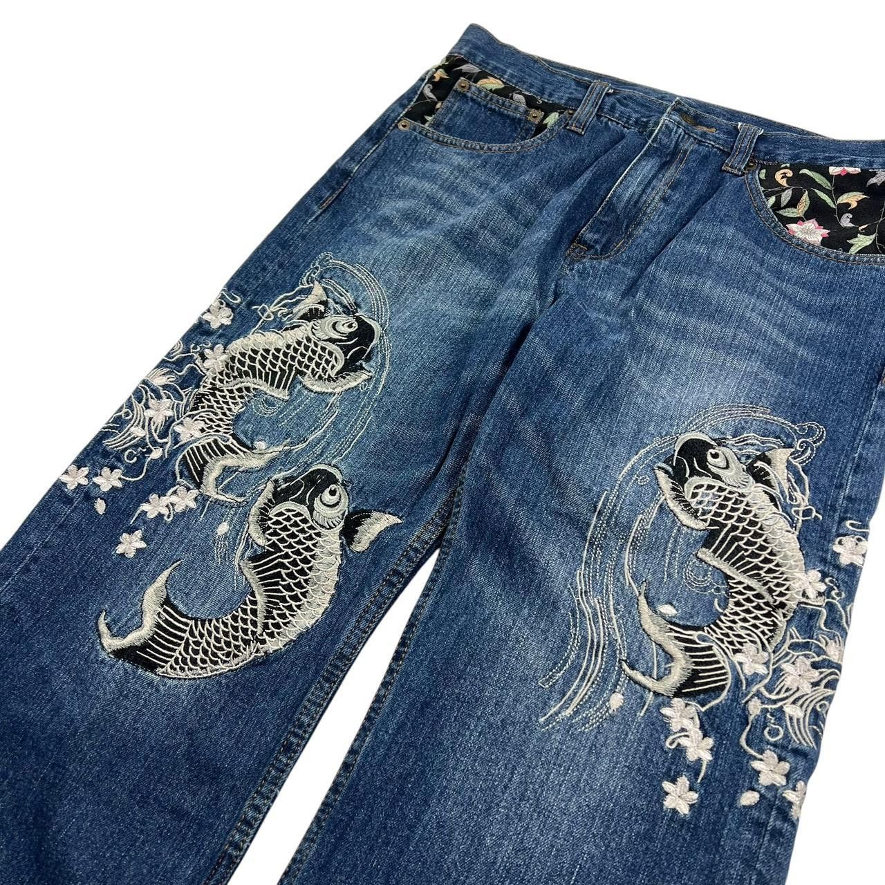 Japanese Brand Vintage Embroidered Koi Fish Japanese Denim Jeans - Waist 31 Size US 31 - 2 Thumbnail