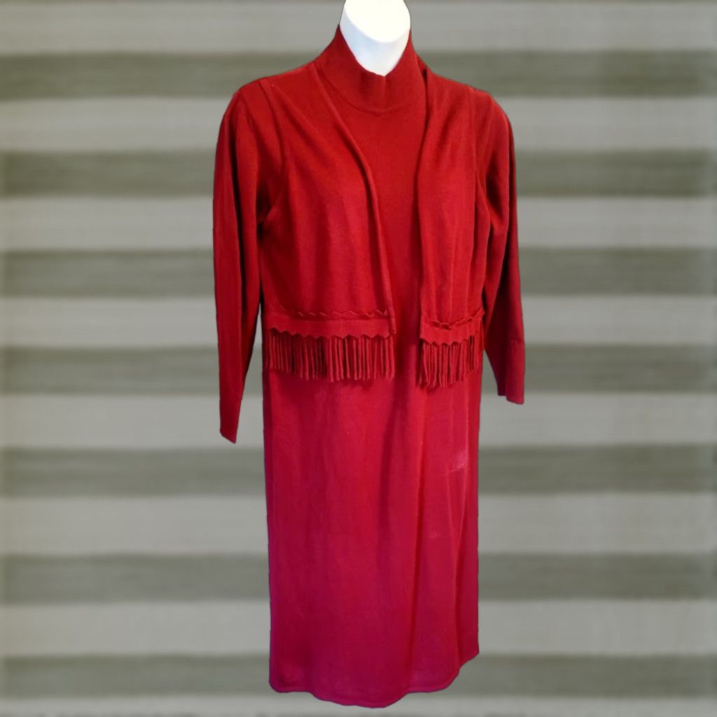 Vintage VINTAGE Donna Ricco Brick Red Fringe Trim Sweater Dress Vest Boho 18 Plus Size XXL / US 16-18 / IT 52-54 - 1 Thumbnail