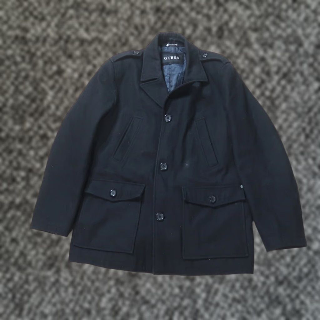 Guess VINTAGE GUESS Pea Coat Jacket Men's Large Black Full Zip Wool Insulated 90s Classic Size US L / EU 52-54 / 3 - 1 Thumbnail