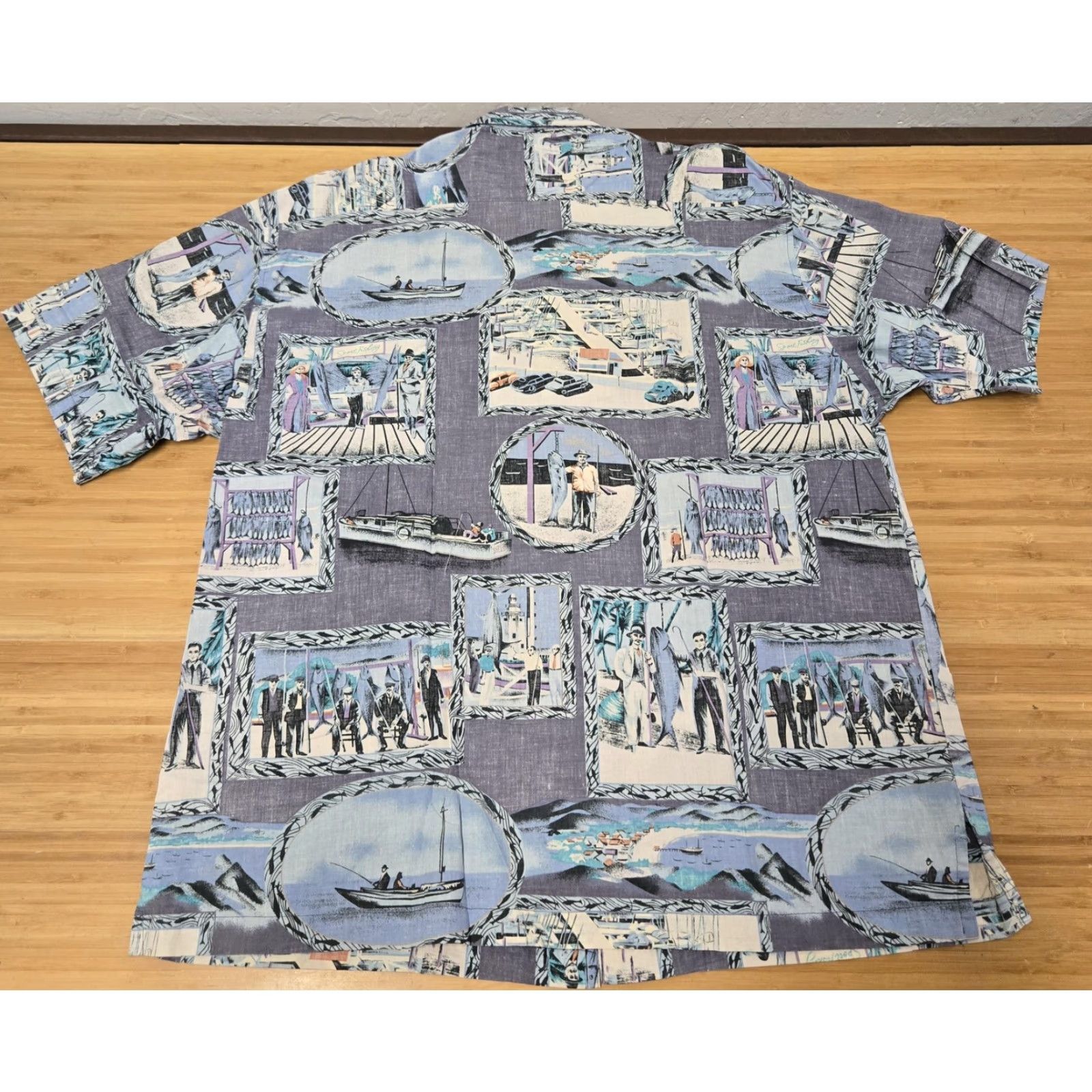 ALOHAS Bluewater Wear Shirt Mens 2XL Blue Gray Hawaiian Aloha Fishing Button Front USA Size US XXL / EU 58 / 5 - 5 Thumbnail