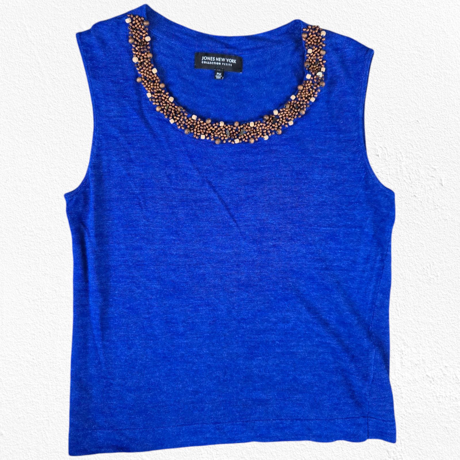 Jones New York Y2K Beaded Neck Blue Linen Blend Sleeveless Top PM Size M / US 6-8 / IT 42-44 - 2 Thumbnail