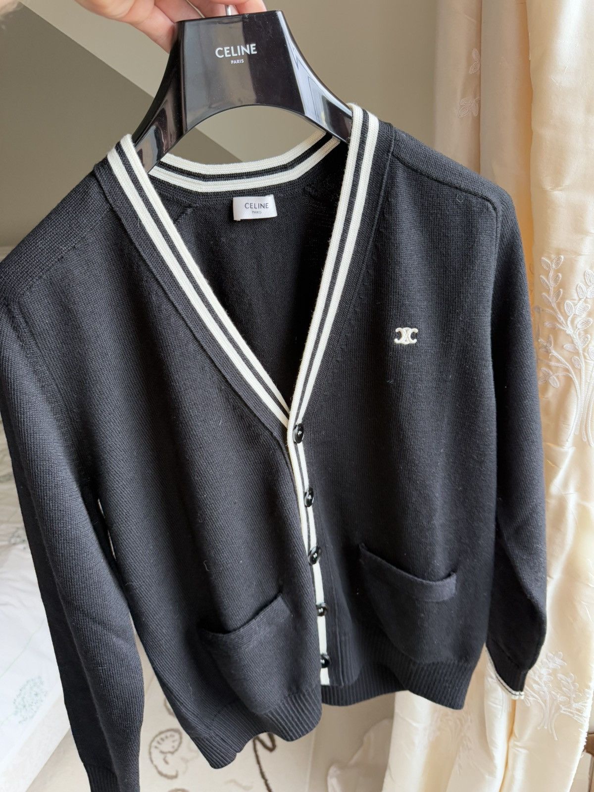 Rare Celine Triomphe logo cardigan black white M Hedi