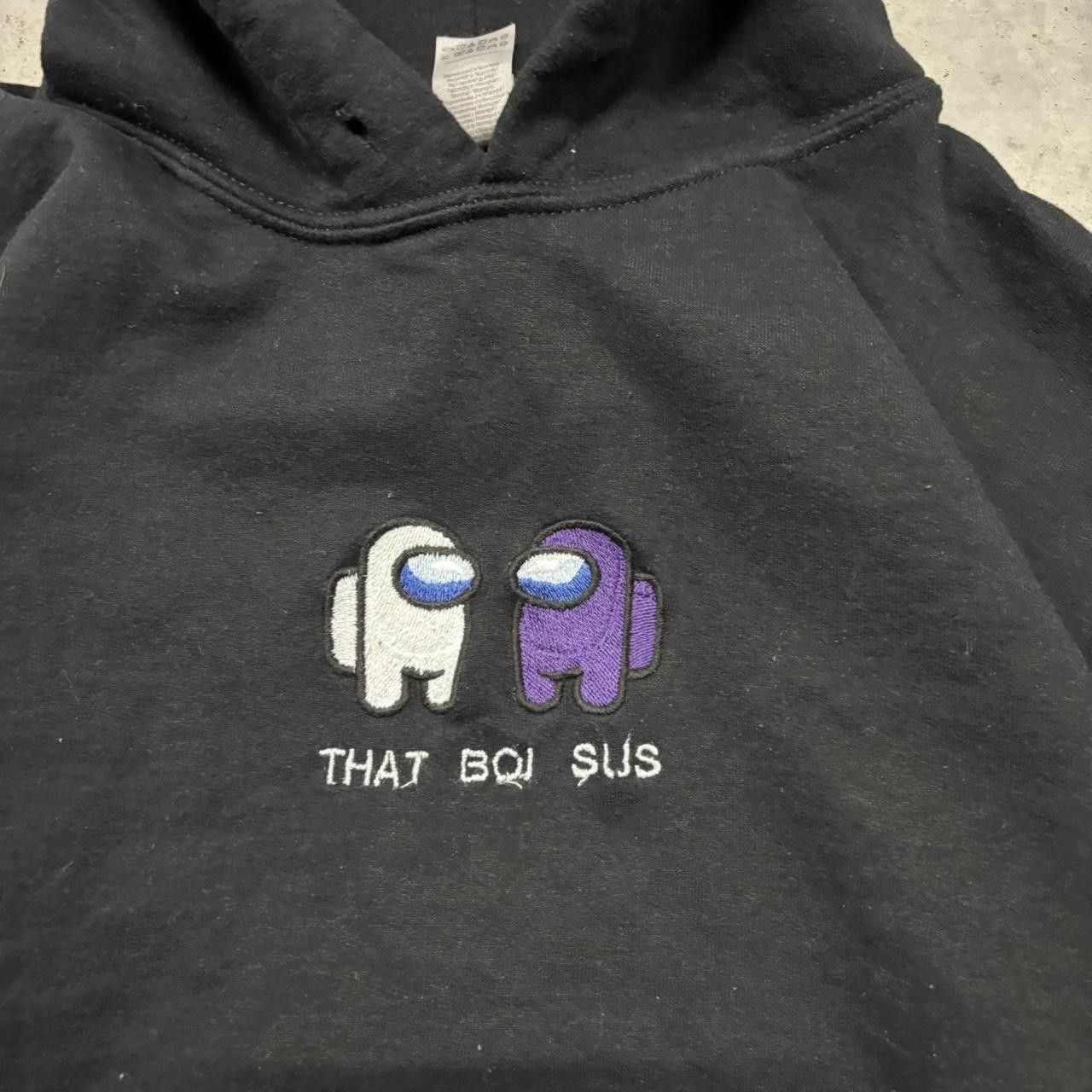 Japanese Brand × Vintage Crazy Vintage Y2K/2000s Black Among Us “That Boi Sus” Funny Embroidered Humor Hoodie! Size US L / EU 52-54 / 3 - 5 Thumbnail