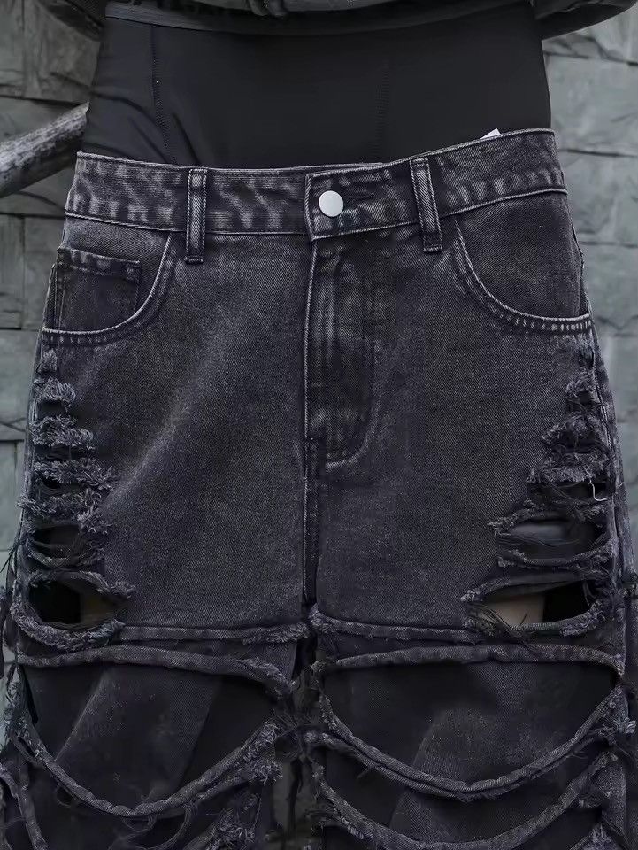 Jean Distressed Hole Hip Hop Washed Trendy Loose Jeans Size US 35 - 5 Thumbnail